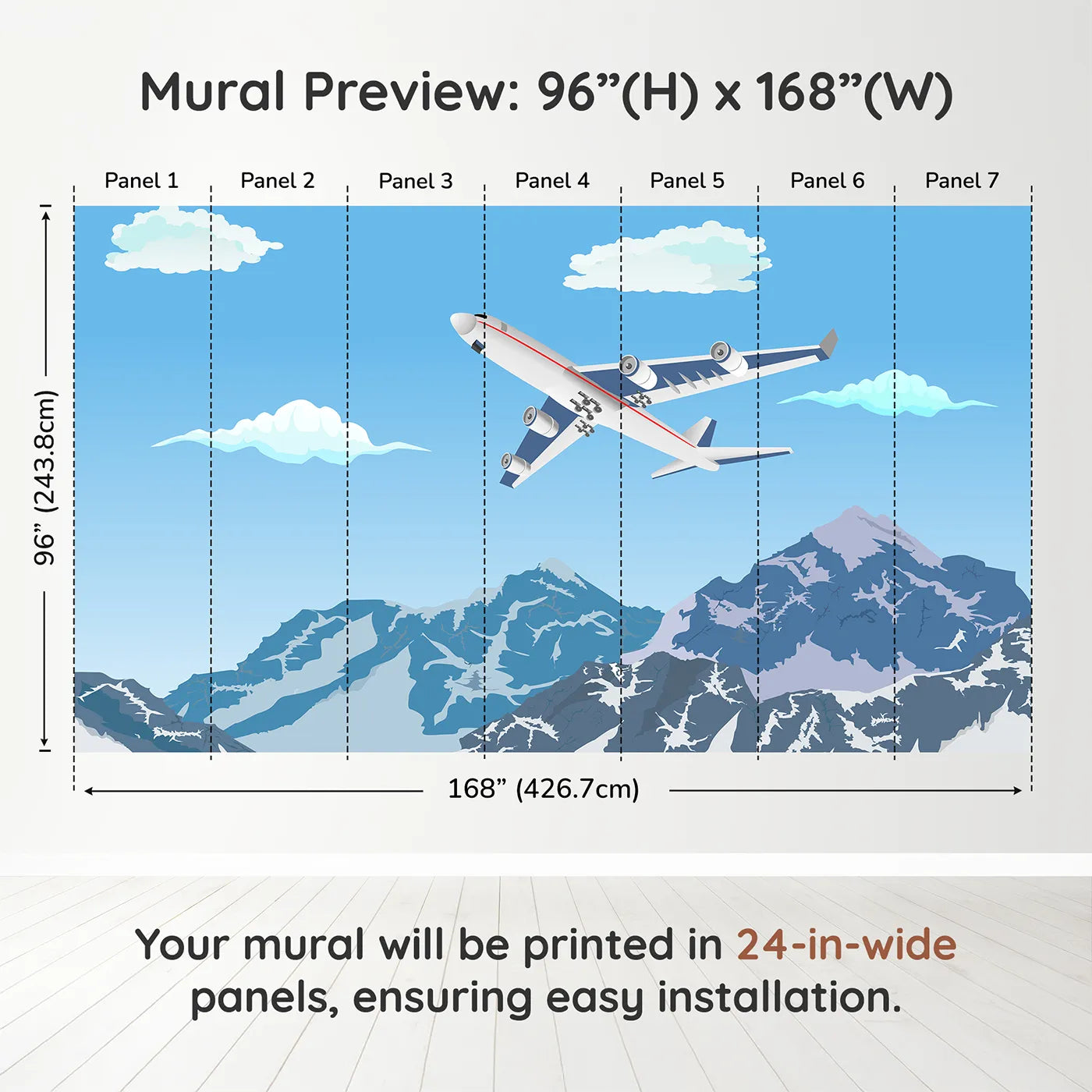 Whimsy Tots Mountain Flight Wall Muraldimension view (96" H x 168" W). Printed in seven 24-inch-wide panels. Gender-Neutral