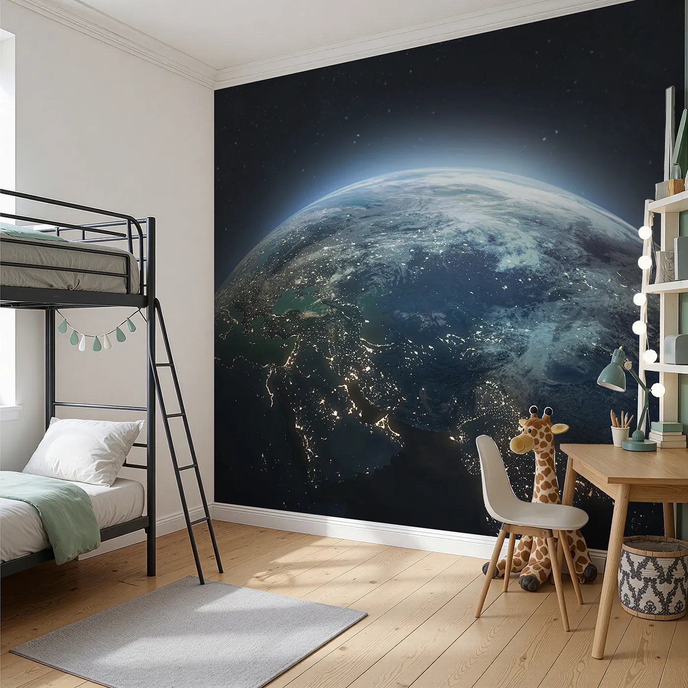 Angled view of Whimsy Tots' Earth at Night Wall Mural (Turn Their Room into an Astronaut's View of Home).Gender-Neutral