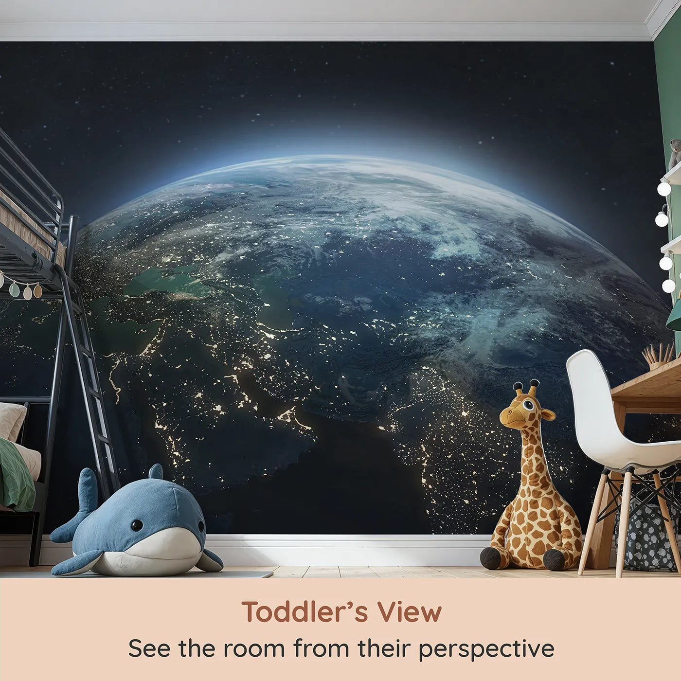 Whimsy Tots Earth at Night Wall Mural (Turn Their Room into an Astronaut's View of Home) from your child's view.Gender-Neutral