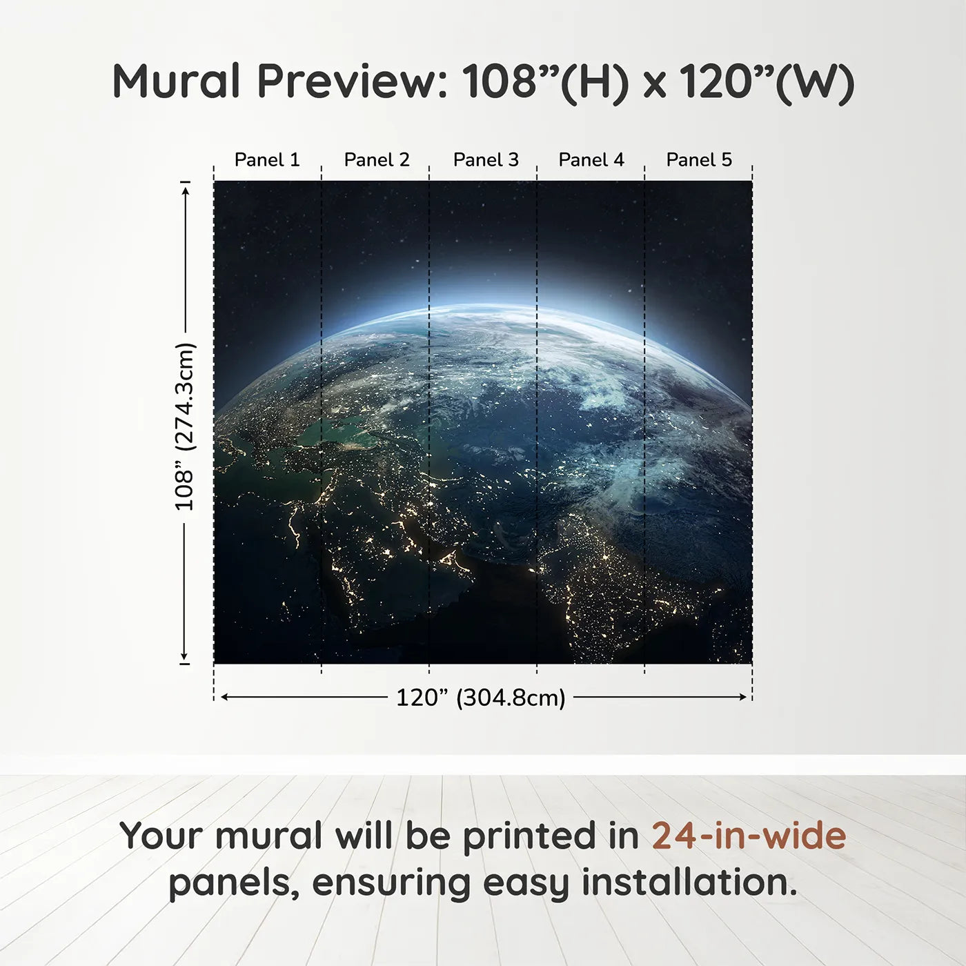 Whimsy Tots Earth at Night Wall Muraldimension view (108" H x 120" W). Printed in five 24-inch-wide panels. Gender-Neutral