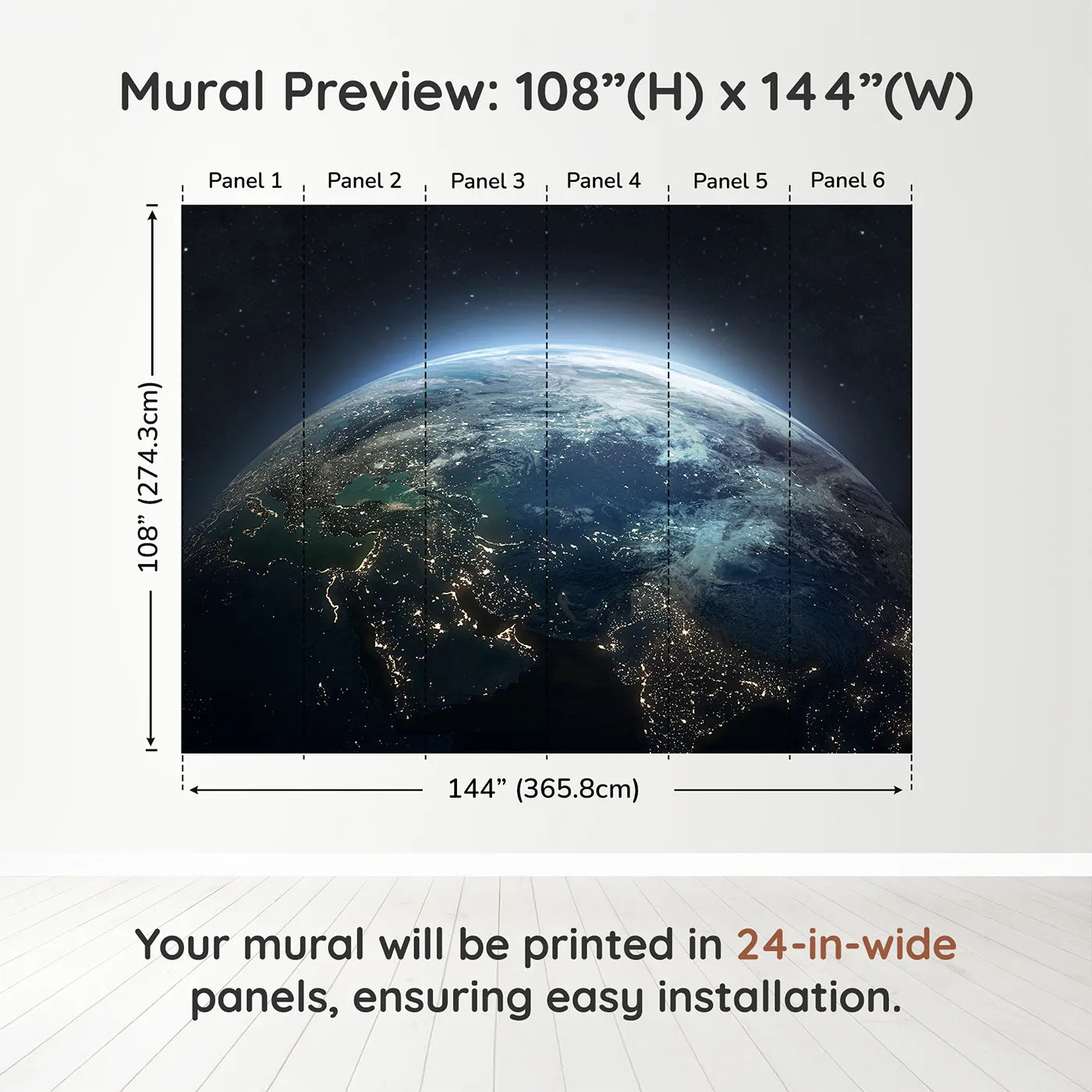 Whimsy Tots Earth at Night Wall Muraldimension view (108" H x 144" W). Printed in six 24-inch-wide panels. Gender-Neutral