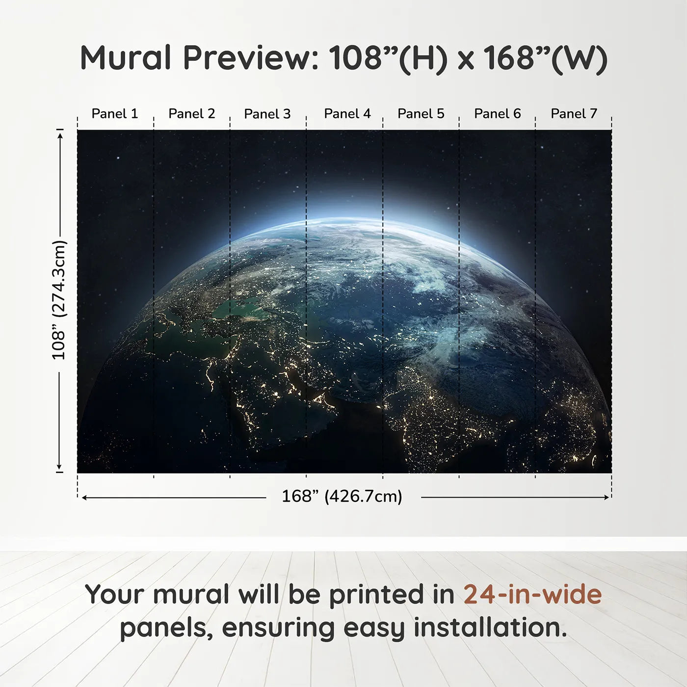 Whimsy Tots Earth at Night Wall Muraldimension view (108" H x 168" W). Printed in seven 24-inch-wide panels. Gender-Neutral