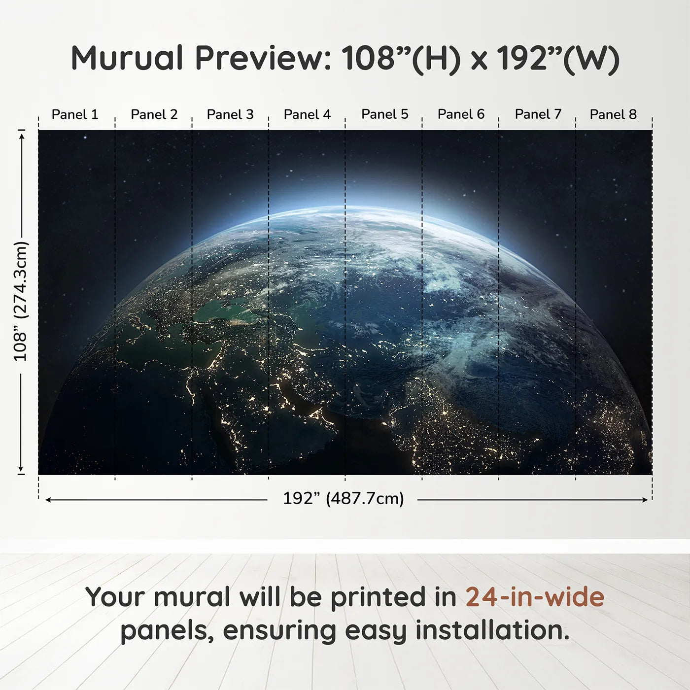 Whimsy Tots Earth at Night Wall Muraldimension view (108" H x 192" W). Printed in eight 24-inch-wide panels. Gender-Neutral