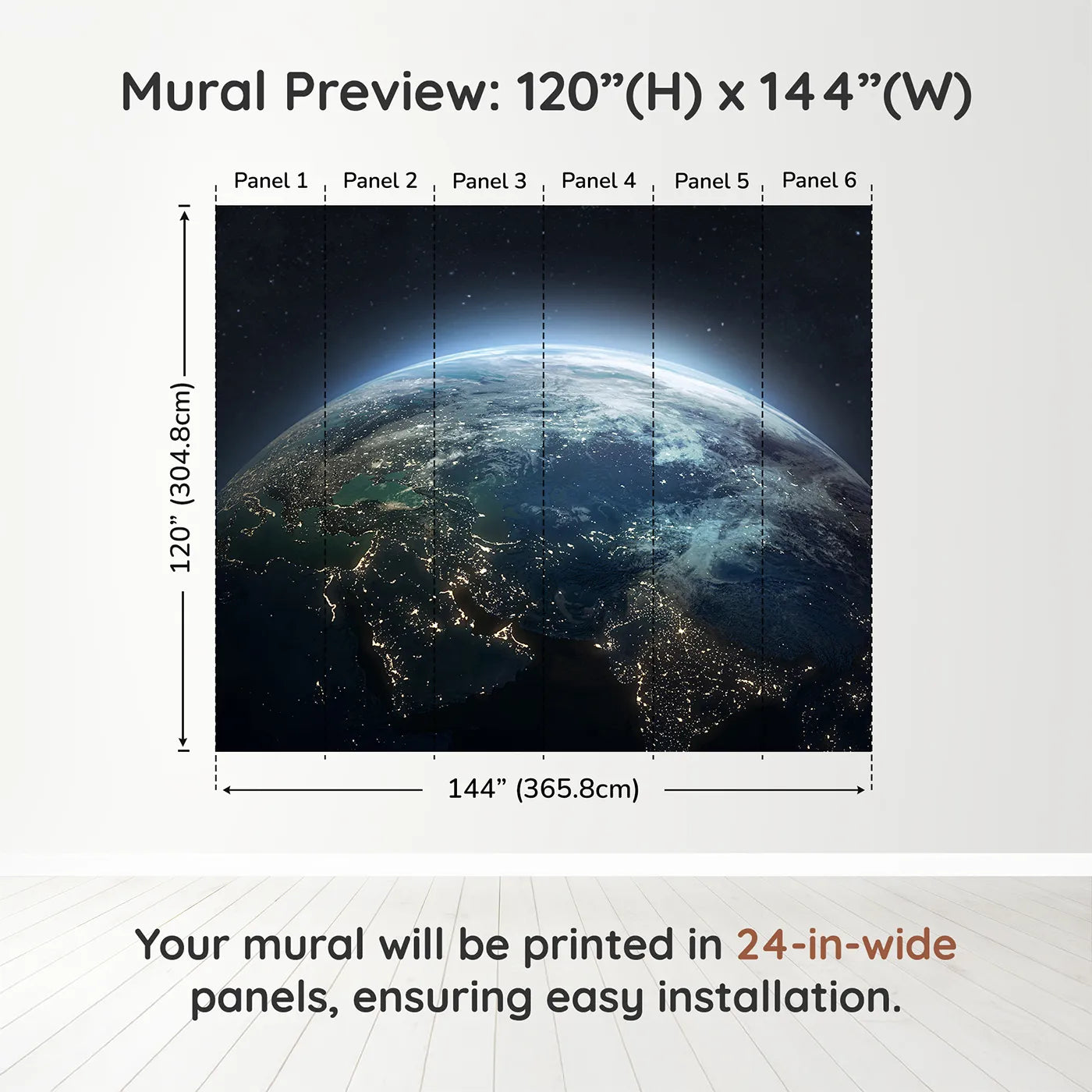 Whimsy Tots Earth at Night Wall Muraldimension view (120" H x 144" W). Printed in six 24-inch-wide panels. Gender-Neutral