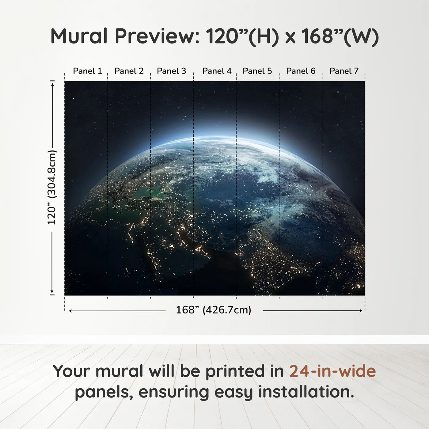 Whimsy Tots Earth at Night Wall Muraldimension view (120" H x 168" W). Printed in seven 24-inch-wide panels. Gender-Neutral