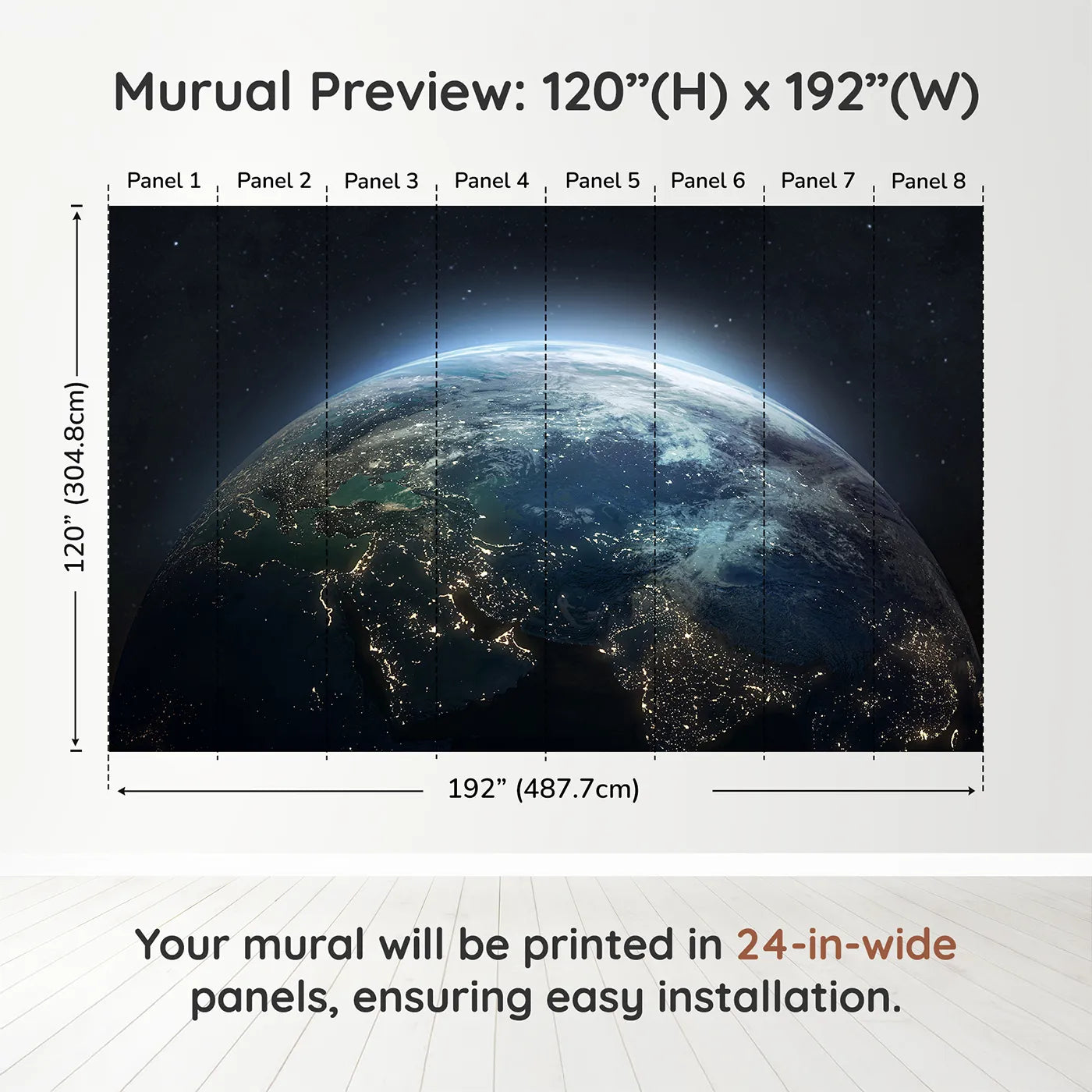 Whimsy Tots Earth at Night Wall Muraldimension view (120" H x 192" W). Printed in eight 24-inch-wide panels. Gender-Neutral