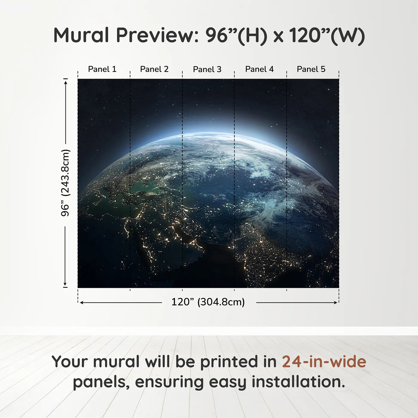 Whimsy Tots Earth at Night Wall Muraldimension view (96" H x 120" W). Printed in five 24-inch-wide panels. Gender-Neutral