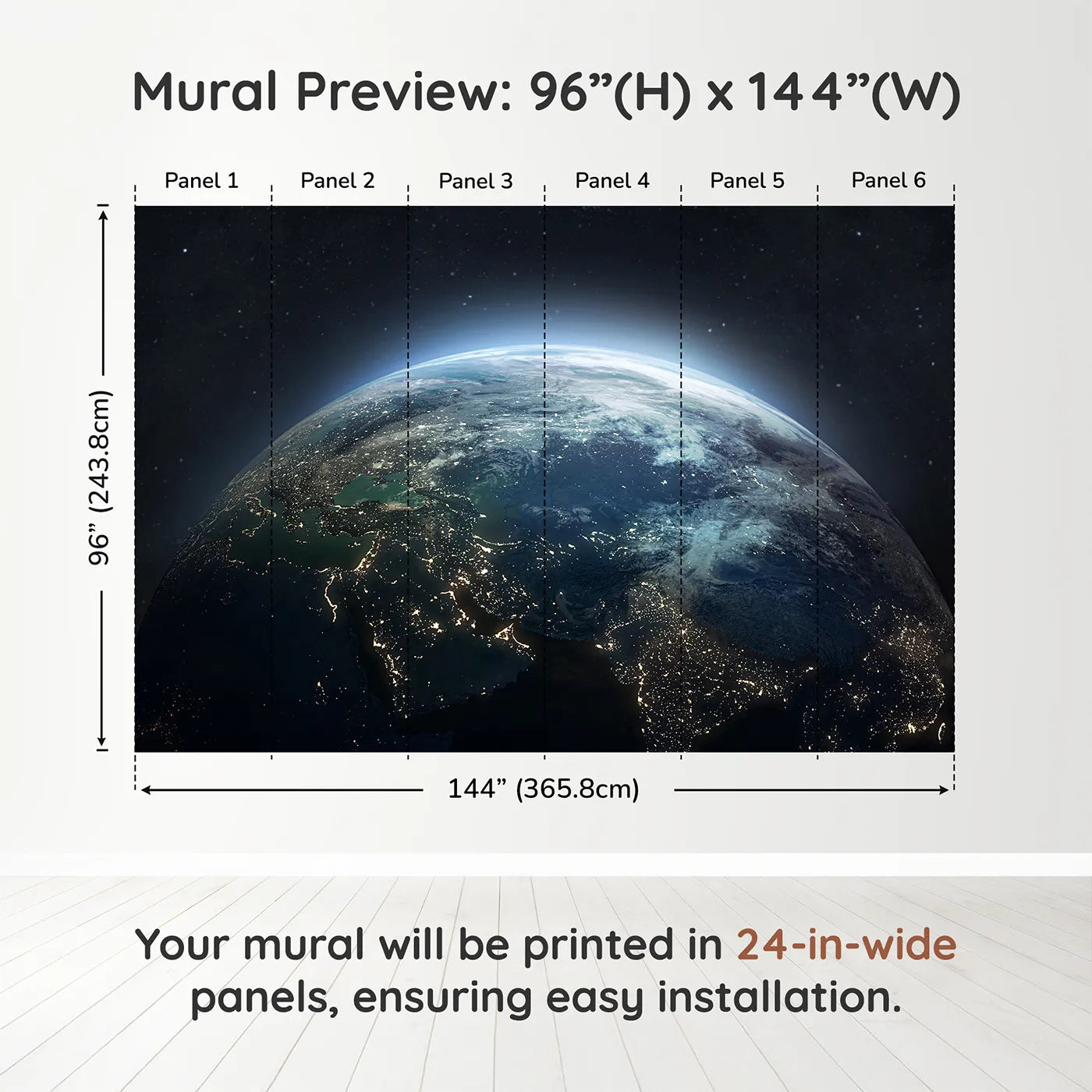 Whimsy Tots Earth at Night Wall Muraldimension view (96" H x 144" W). Printed in six 24-inch-wide panels. Gender-Neutral