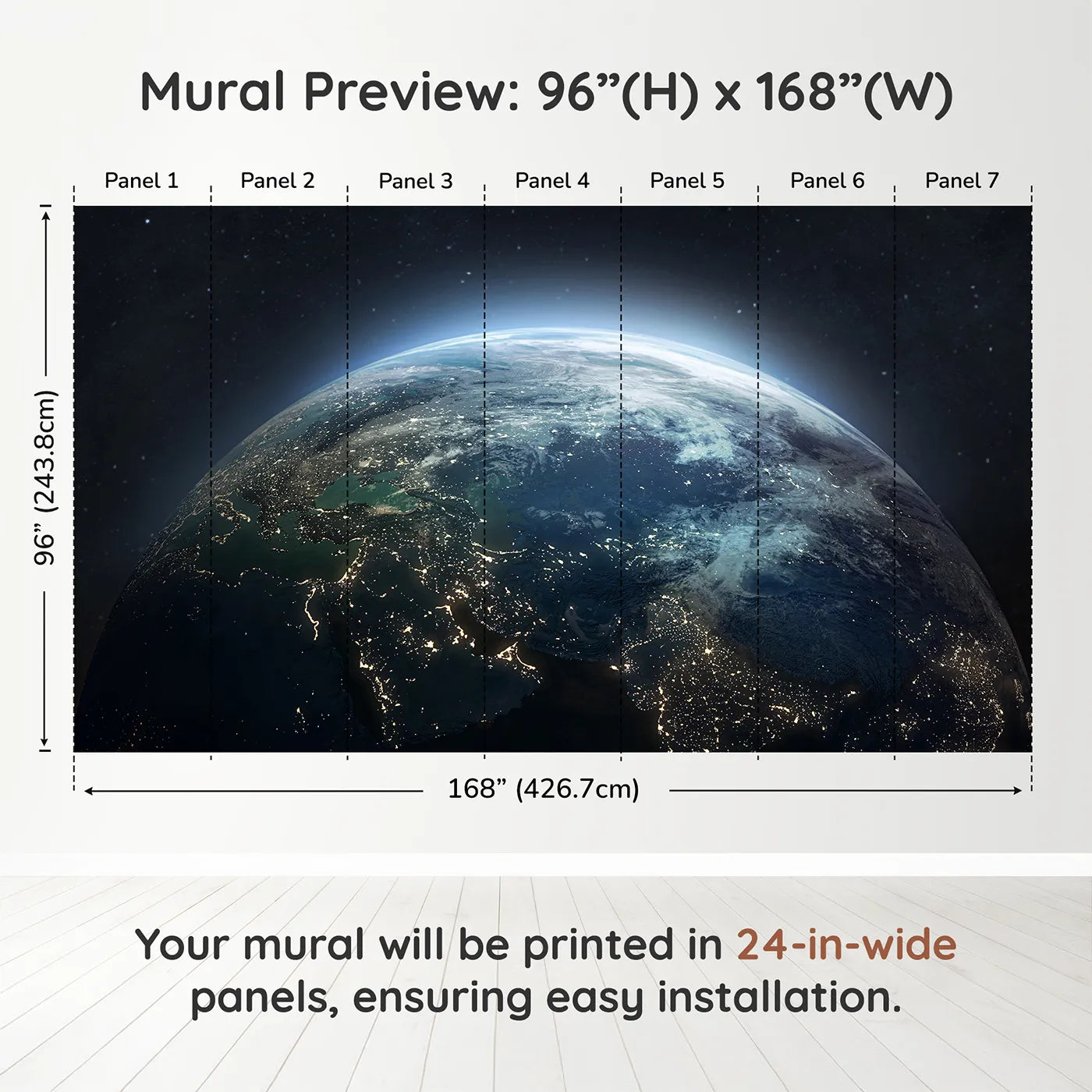 Whimsy Tots Earth at Night Wall Muraldimension view (96" H x 168" W). Printed in seven 24-inch-wide panels. Gender-Neutral