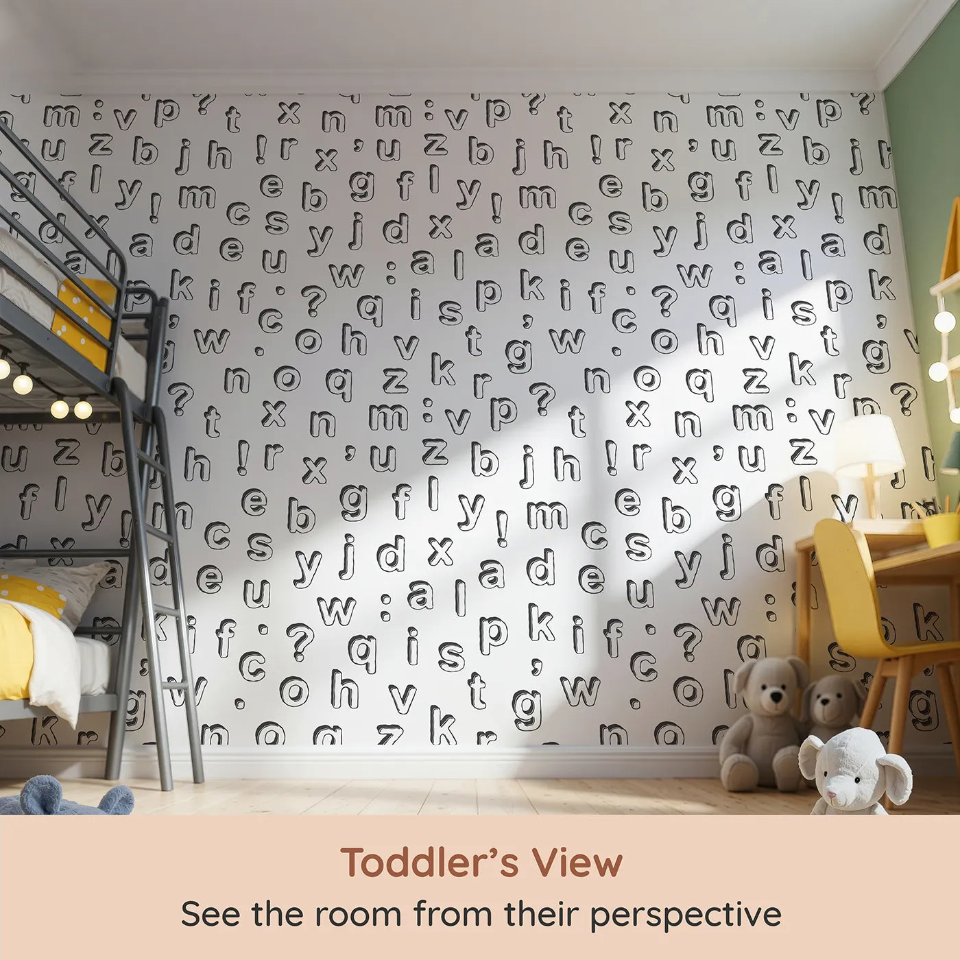 Whimsy Tots Alphabet Scatter Wall Mural (Turn Their Room into a Fun Field of Letters) from your child's view.Gender-Neutral