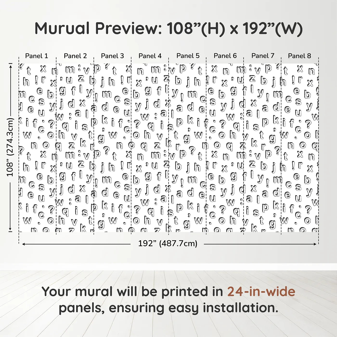 Whimsy Tots Alphabet Scatter Wall Muraldimension view (108" H x 192" W). Printed in eight 24-inch-wide panels. Gender-Neutral
