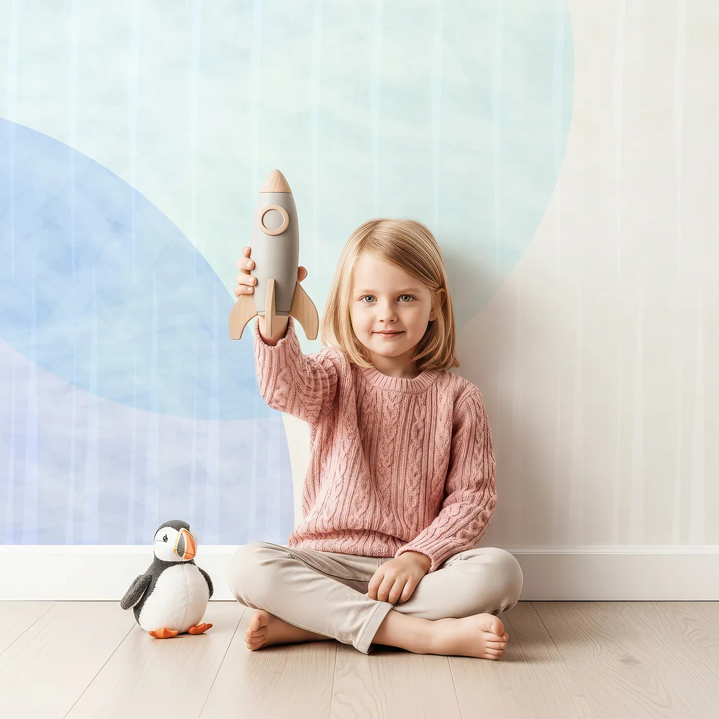 Child in front of Whimsy Tots Pastel Polka Dots Wall Mural with circle, dot, pastel, abstract, texture, pink, blue, yellow in design.