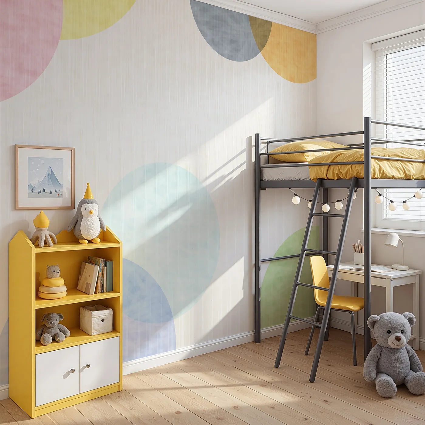 Angled view of Whimsy Tots' Pastel Polka Dots Wall Mural (Turn Their Room into a Gentle Cascade of Color).Gender-Neutral