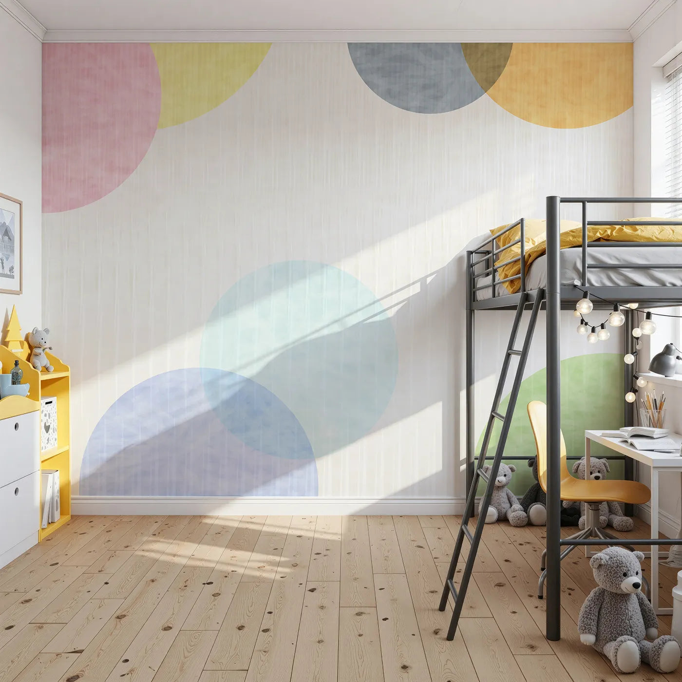 Front view of Whimsy Tots' Pastel Polka Dots Wall Mural