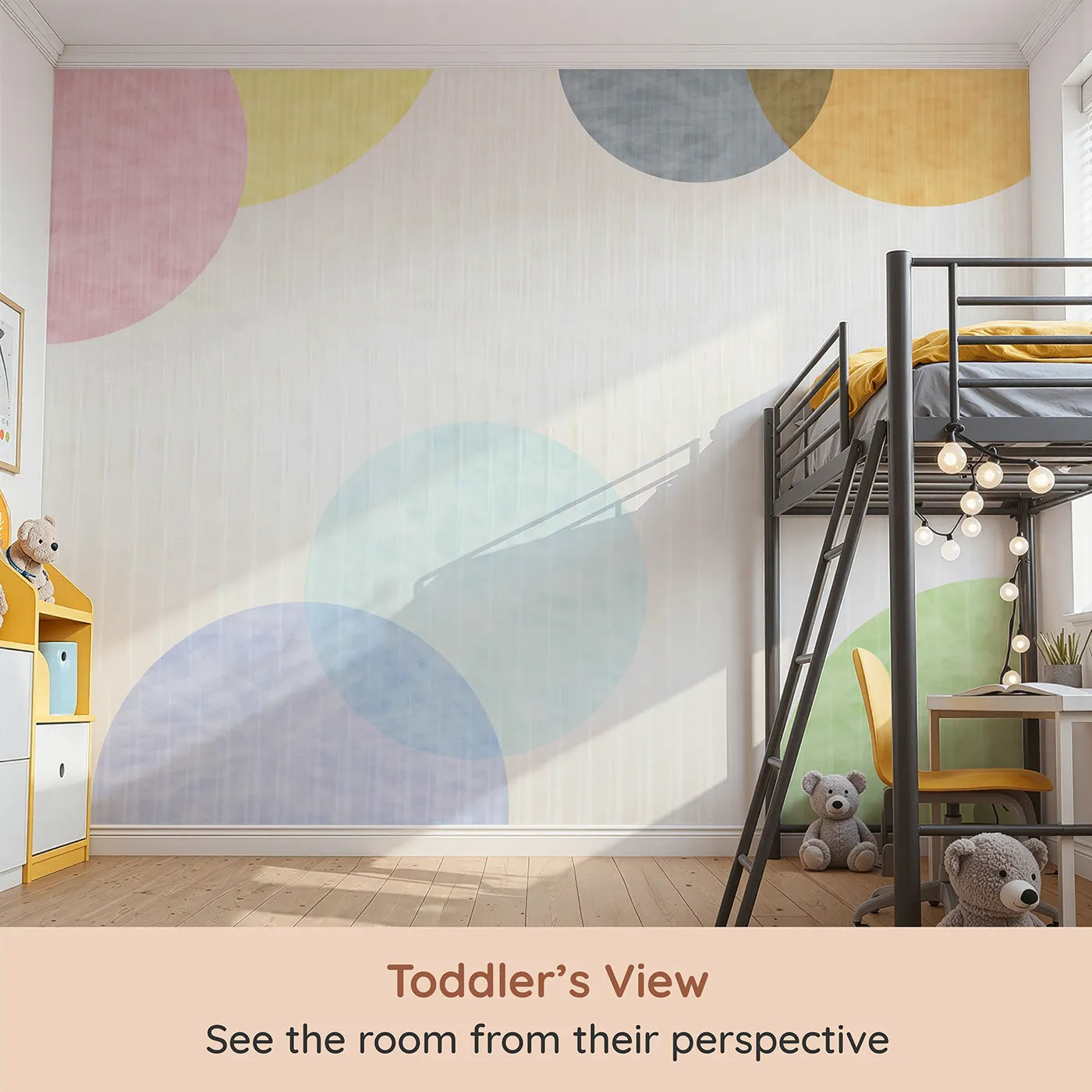 Whimsy Tots Pastel Polka Dots Wall Mural (Turn Their Room into a Gentle Cascade of Color) from your child's view.Gender-Neutral