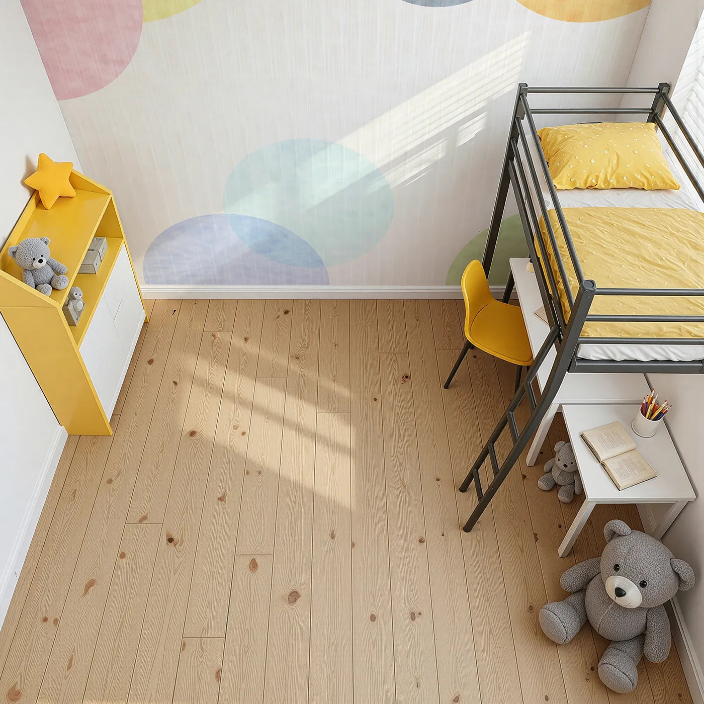 Top-down view of Whimsy Tots' Pastel Polka Dots Wall Mural (Turn Their Room into a Gentle Cascade of Color).Gender-Neutral