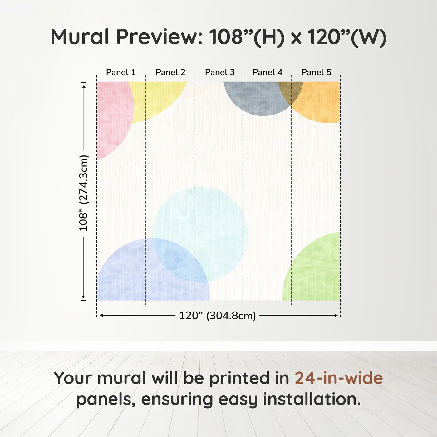 Whimsy Tots Pastel Polka Dots Wall Muraldimension view (108" H x 120" W). Printed in five 24-inch-wide panels. Gender-Neutral