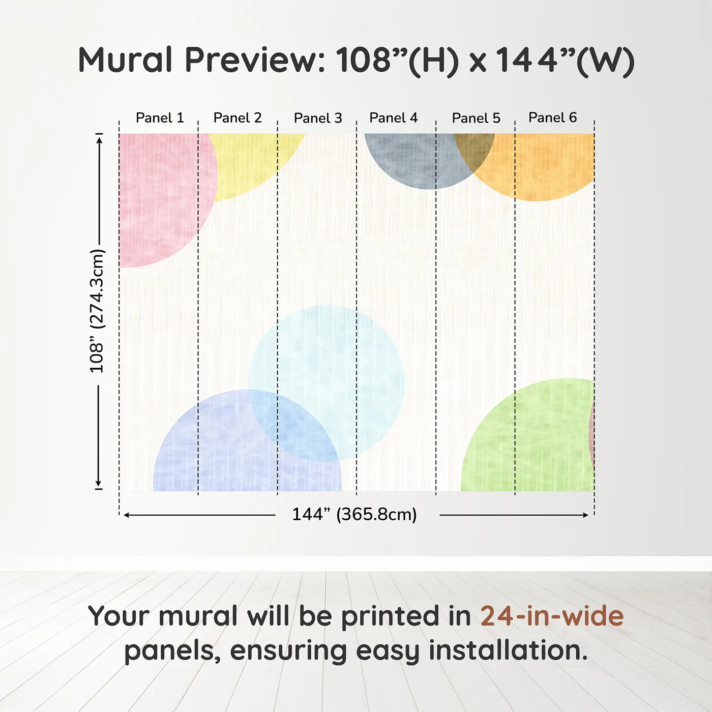 Whimsy Tots Pastel Polka Dots Wall Muraldimension view (108" H x 144" W). Printed in six 24-inch-wide panels. Gender-Neutral