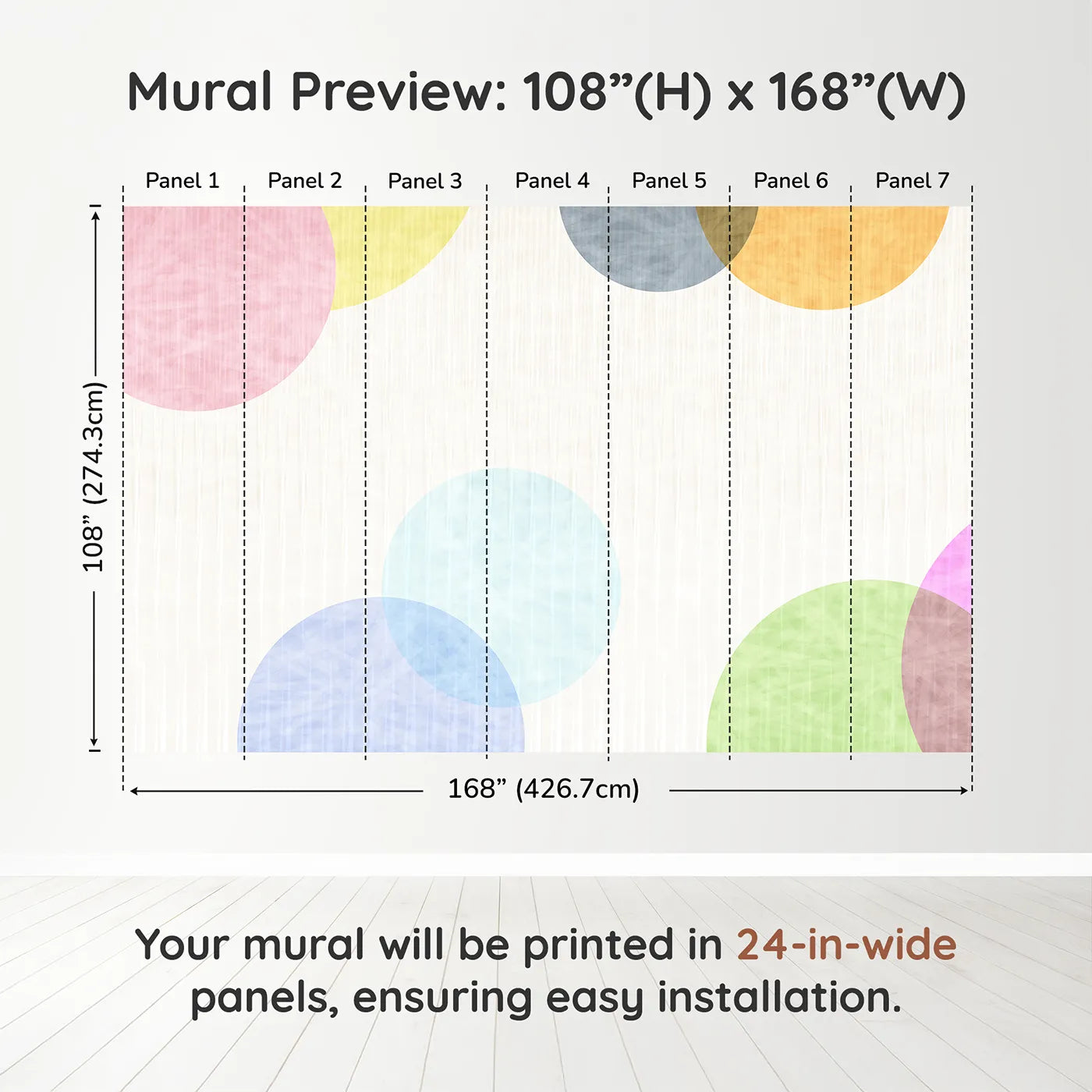 Whimsy Tots Pastel Polka Dots Wall Muraldimension view (108" H x 168" W). Printed in seven 24-inch-wide panels. Gender-Neutral