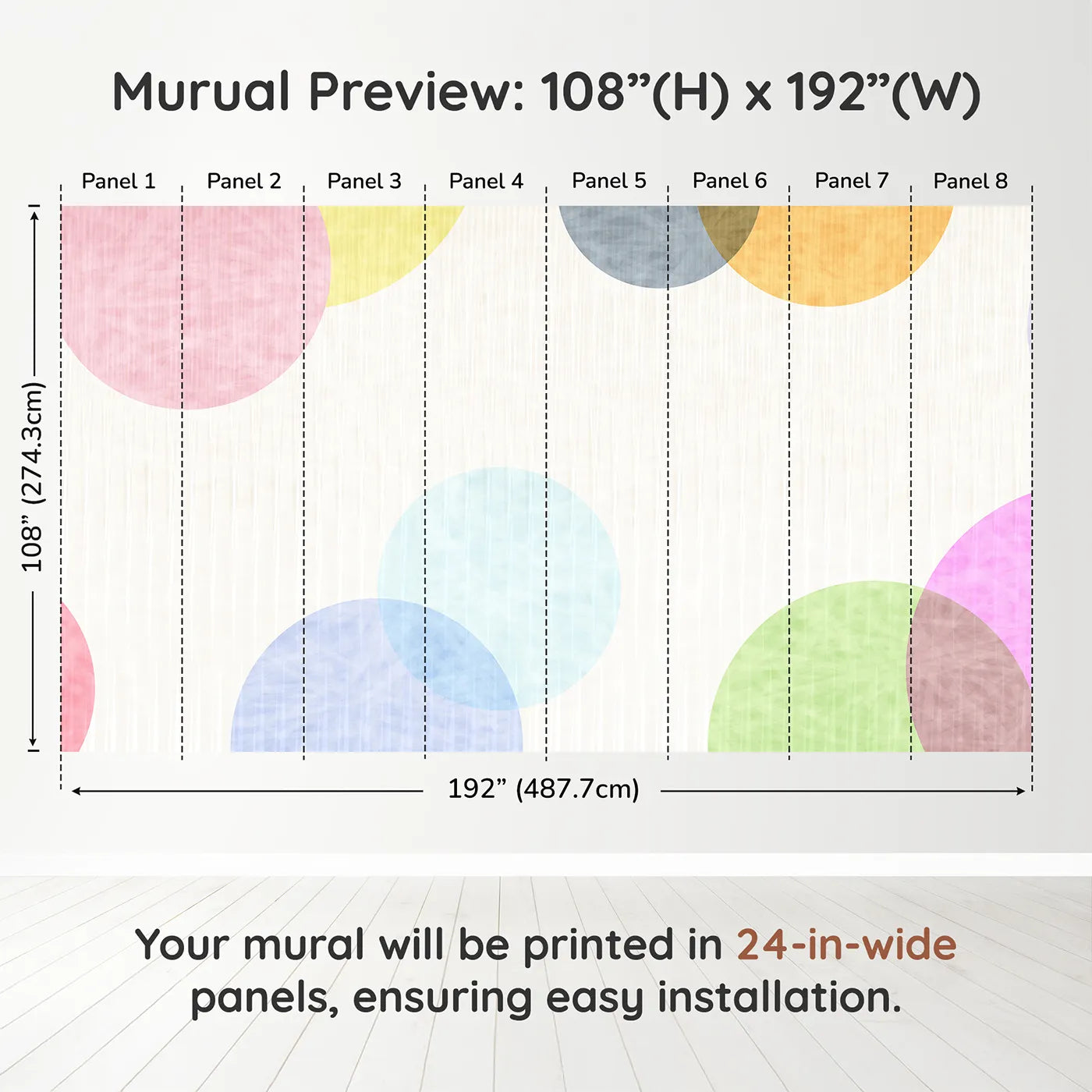 Whimsy Tots Pastel Polka Dots Wall Muraldimension view (108" H x 192" W). Printed in eight 24-inch-wide panels. Gender-Neutral