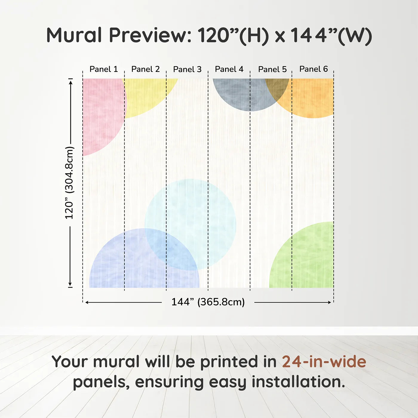 Whimsy Tots Pastel Polka Dots Wall Muraldimension view (120" H x 144" W). Printed in six 24-inch-wide panels. Gender-Neutral
