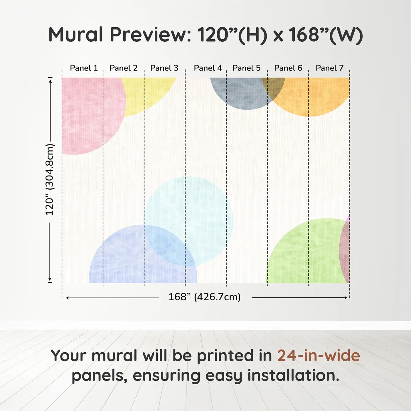 Whimsy Tots Pastel Polka Dots Wall Muraldimension view (120" H x 168" W). Printed in seven 24-inch-wide panels. Gender-Neutral