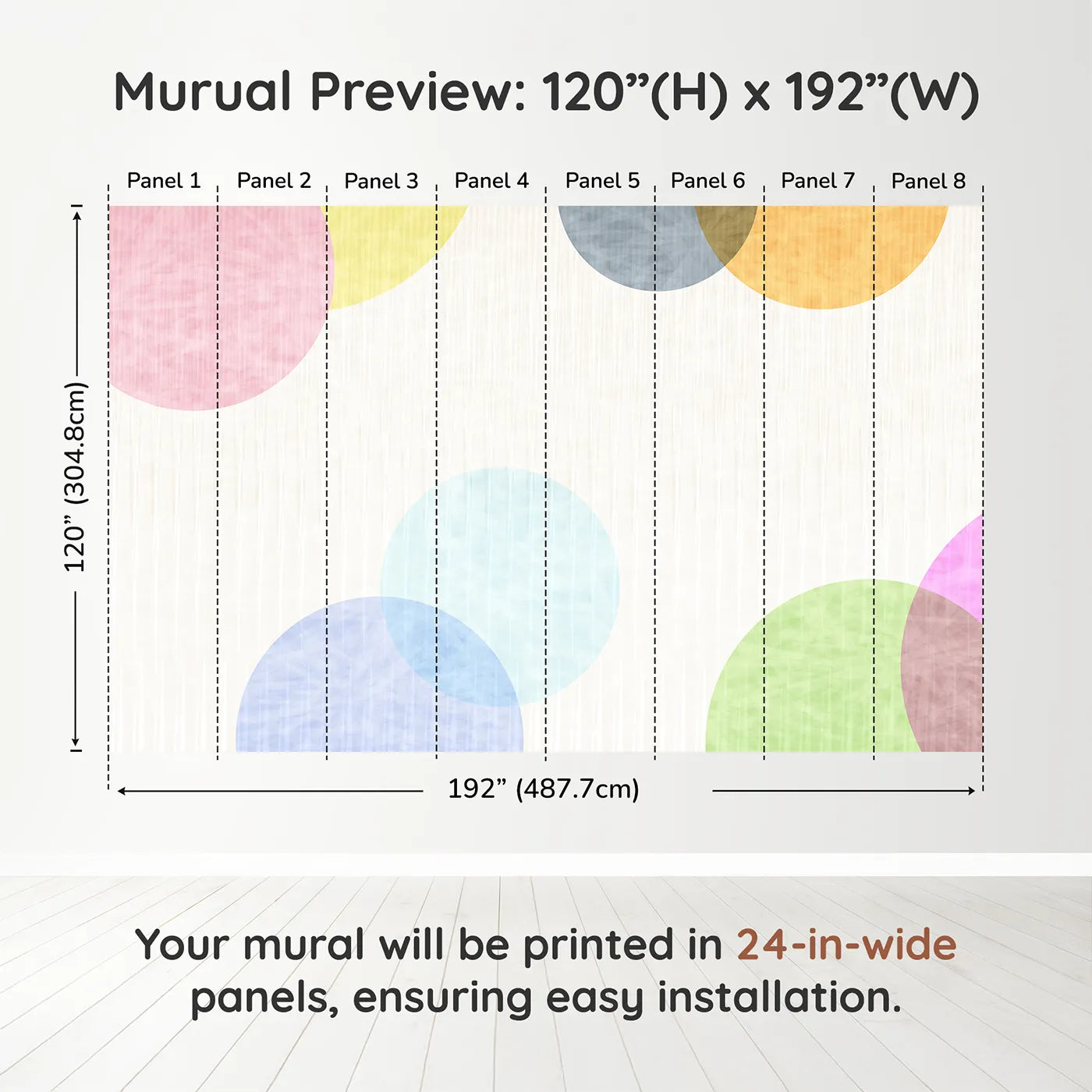 Whimsy Tots Pastel Polka Dots Wall Muraldimension view (120" H x 192" W). Printed in eight 24-inch-wide panels. Gender-Neutral