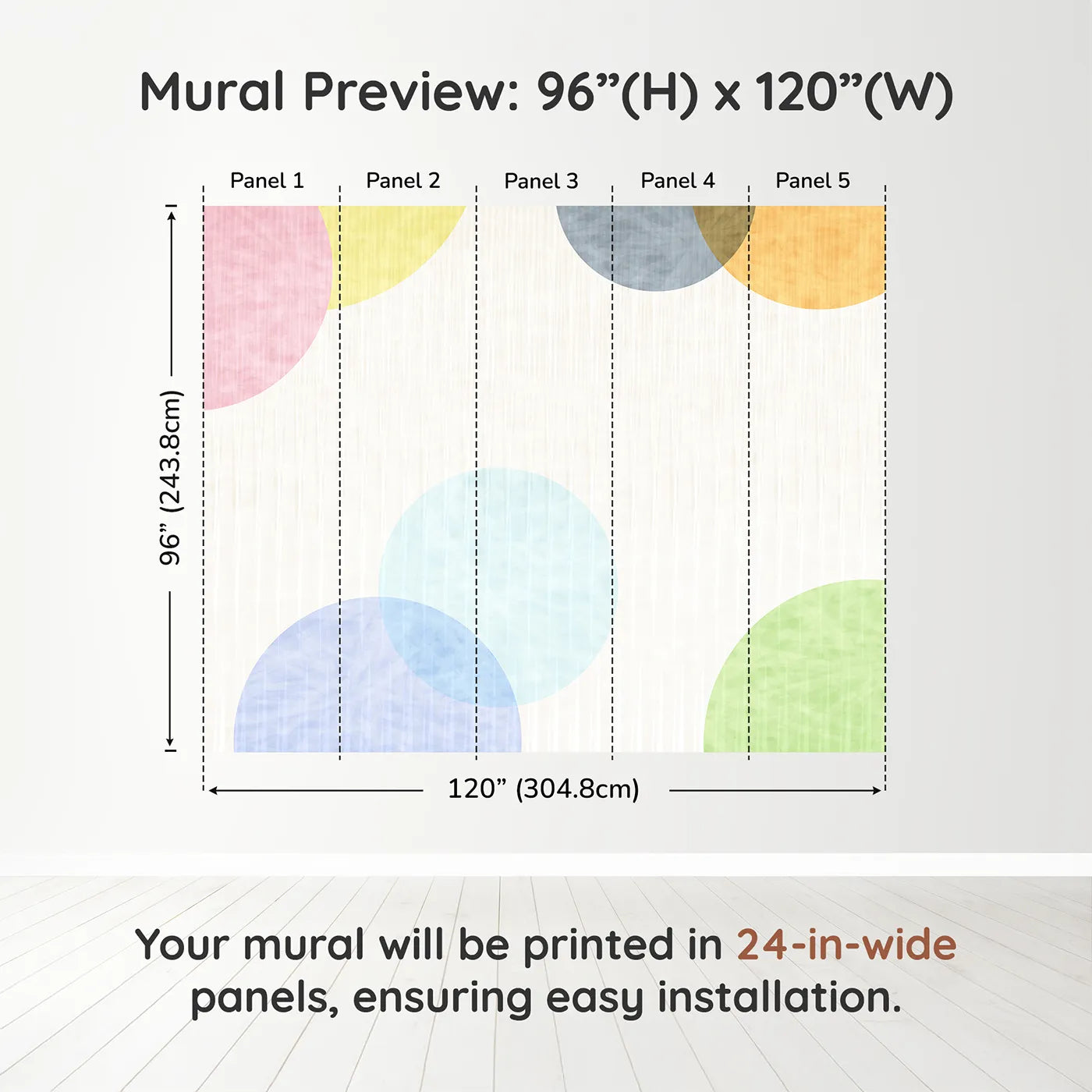 Whimsy Tots Pastel Polka Dots Wall Muraldimension view (96" H x 120" W). Printed in five 24-inch-wide panels. Gender-Neutral