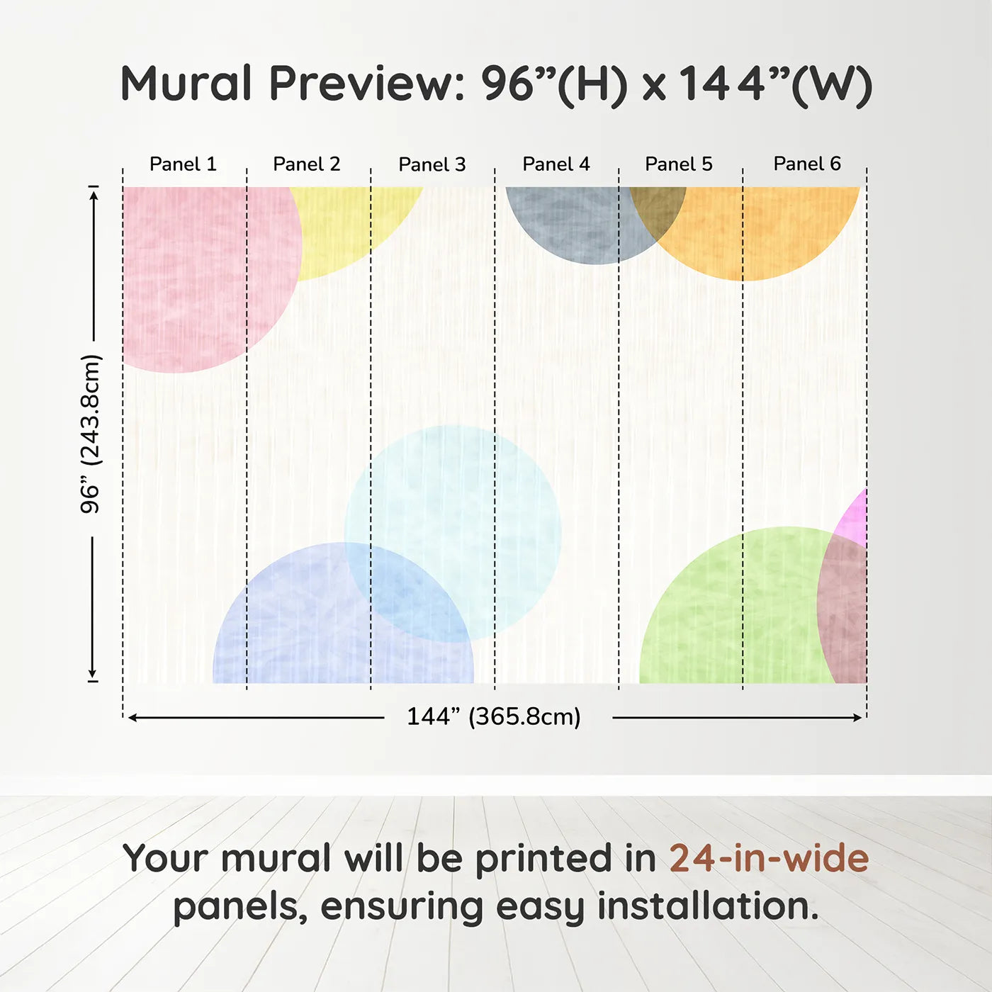 Whimsy Tots Pastel Polka Dots Wall Muraldimension view (96" H x 144" W). Printed in six 24-inch-wide panels. Gender-Neutral