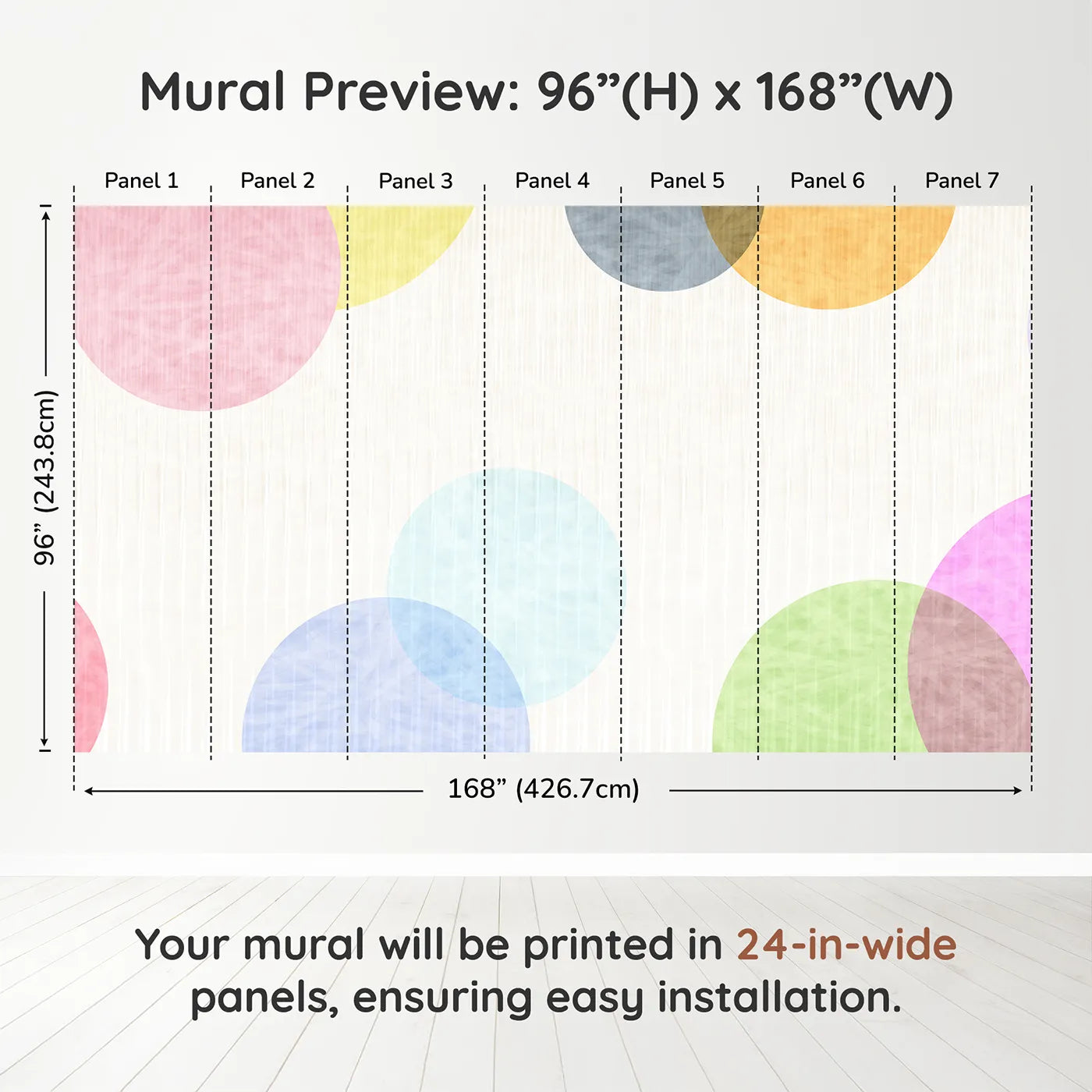 Whimsy Tots Pastel Polka Dots Wall Muraldimension view (96" H x 168" W). Printed in seven 24-inch-wide panels. Gender-Neutral