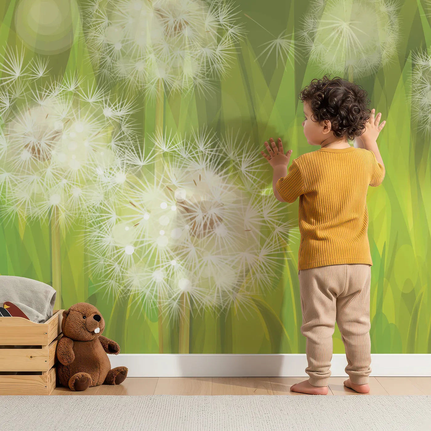 Child in front of Whimsy Tots Dandelion Meadow Wishes Wall Mural with dandelion, seed, meadow, flower, grass, wish, nature, green in design.