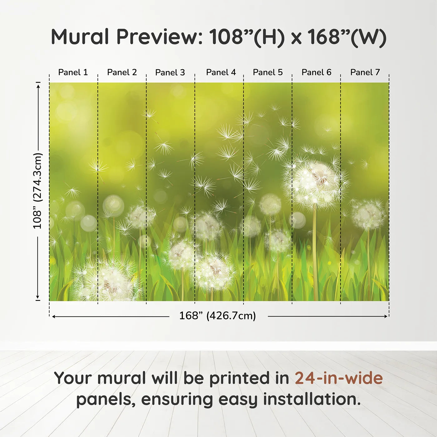 Whimsy Tots Dandelion Meadow Wishes Wall Muraldimension view (108" H x 168" W). Printed in seven 24-inch-wide panels. Gender-Neutral