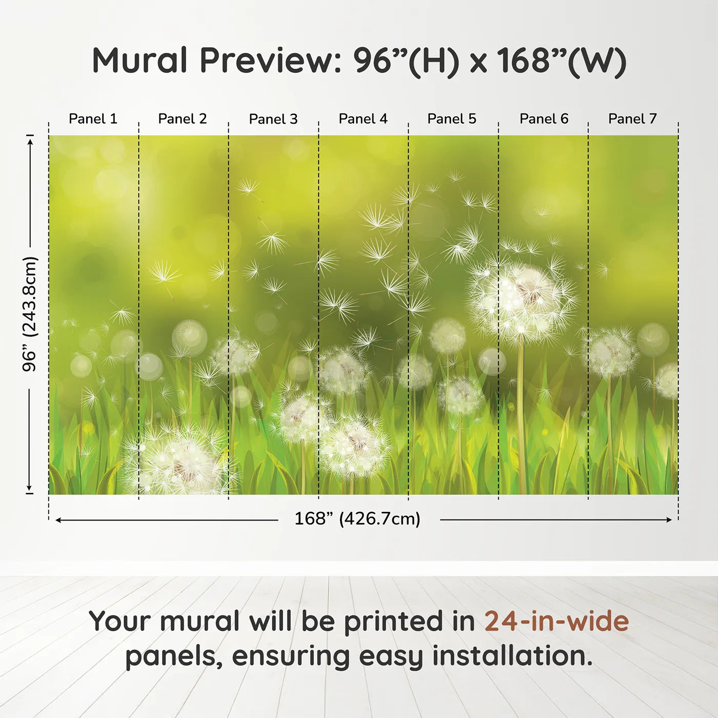 Whimsy Tots Dandelion Meadow Wishes Wall Muraldimension view (96" H x 168" W). Printed in seven 24-inch-wide panels. Gender-Neutral