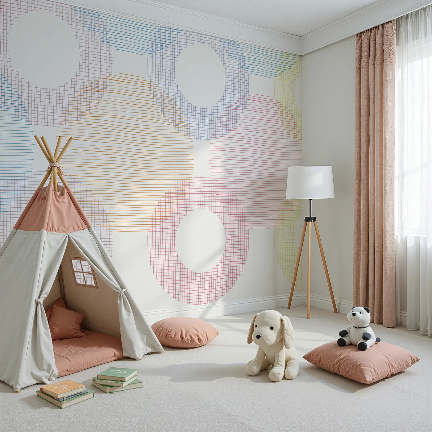 Angled view of Whimsy Tots' Rainbow Scribble Circles Wall Mural (Turn Their Room into a Playground of Color and Texture).Gender-Neutral