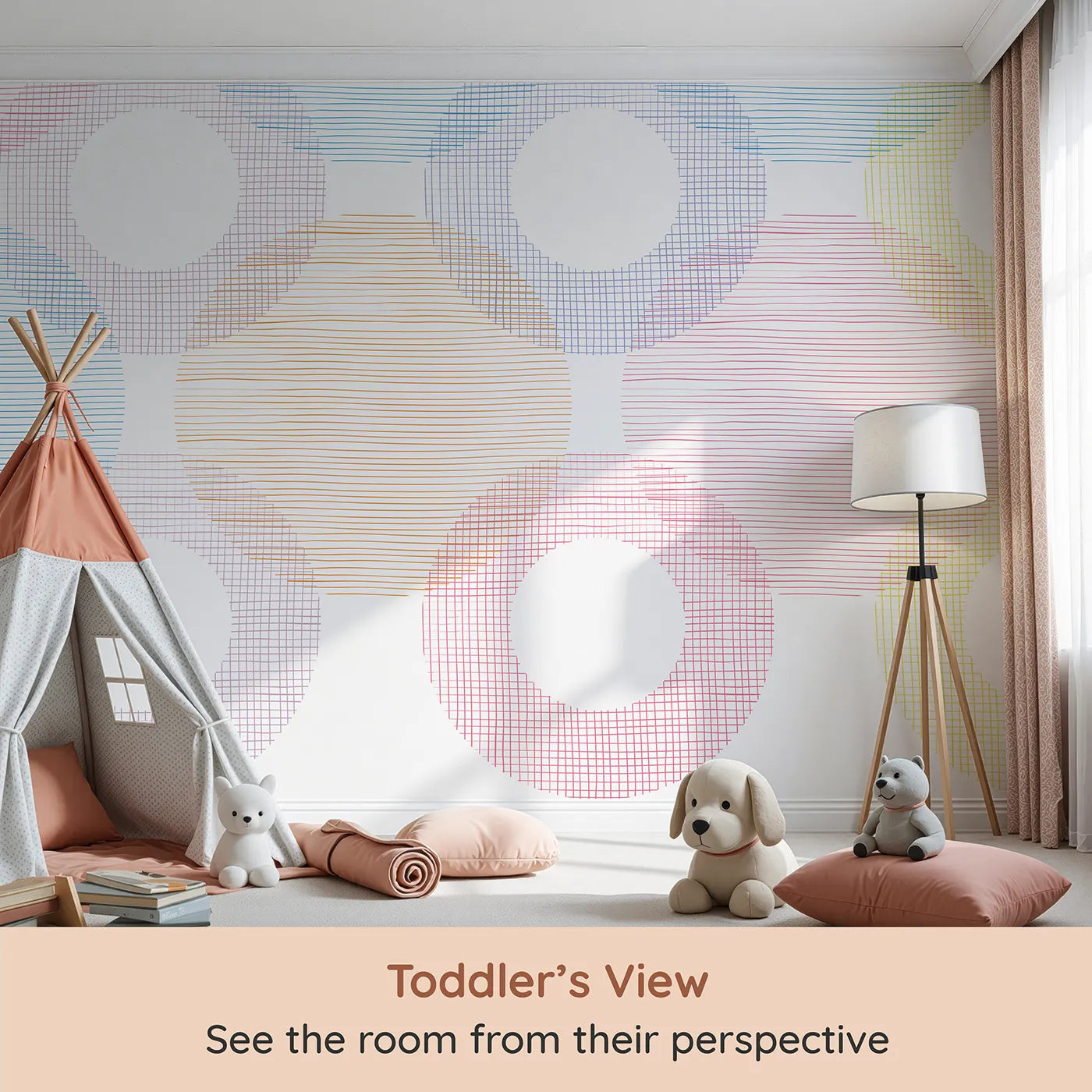 Whimsy Tots Rainbow Scribble Circles Wall Mural (Turn Their Room into a Playground of Color and Texture) from your child's view.Gender-Neutral