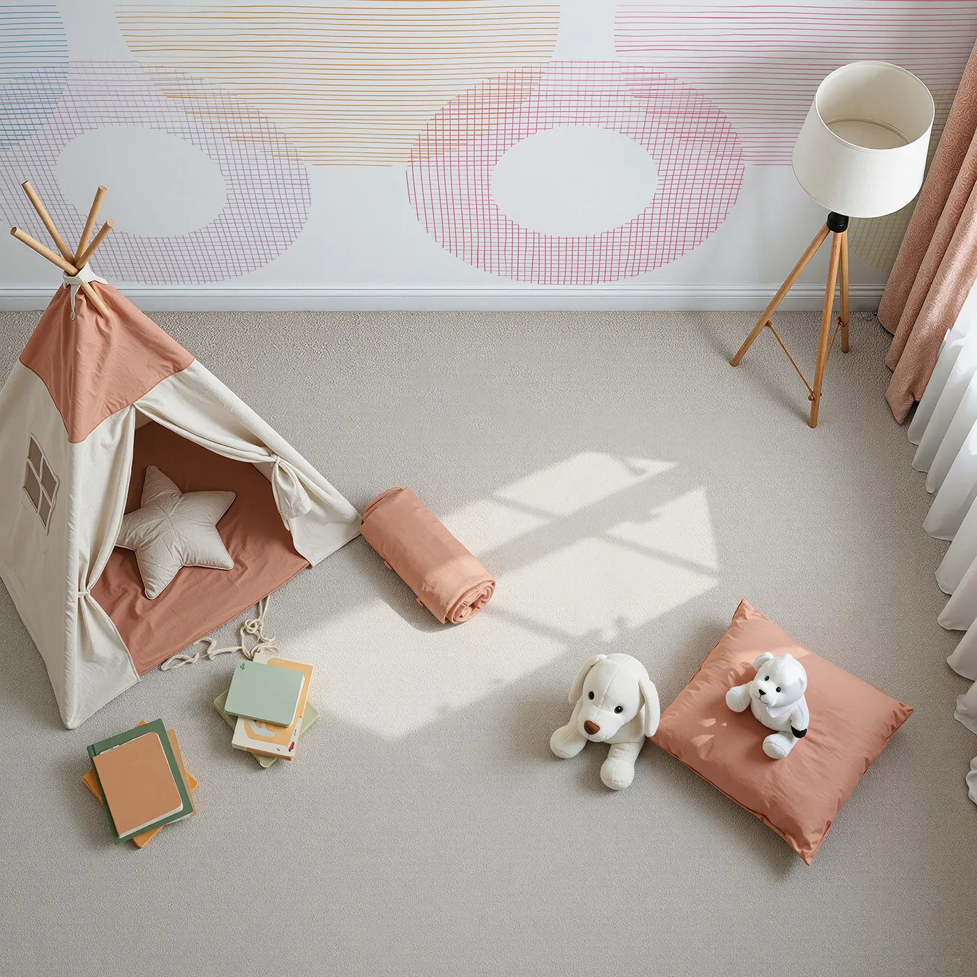 Top-down view of Whimsy Tots' Rainbow Scribble Circles Wall Mural (Turn Their Room into a Playground of Color and Texture).Gender-Neutral