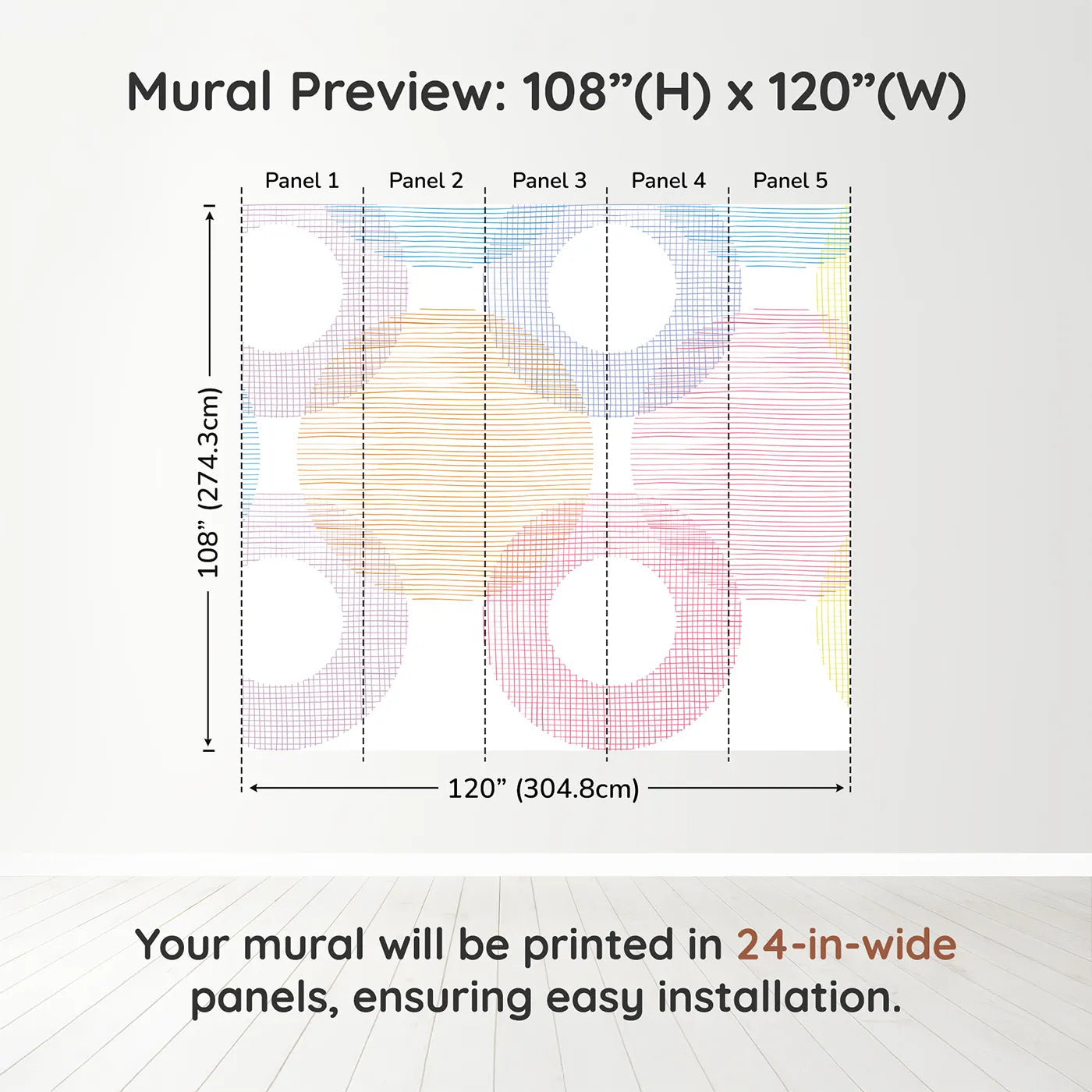 Whimsy Tots Rainbow Scribble Circles Wall Muraldimension view (108" H x 120" W). Printed in five 24-inch-wide panels. Gender-Neutral