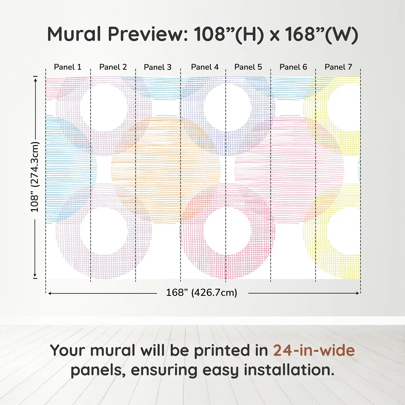 Whimsy Tots Rainbow Scribble Circles Wall Muraldimension view (108" H x 168" W). Printed in seven 24-inch-wide panels. Gender-Neutral