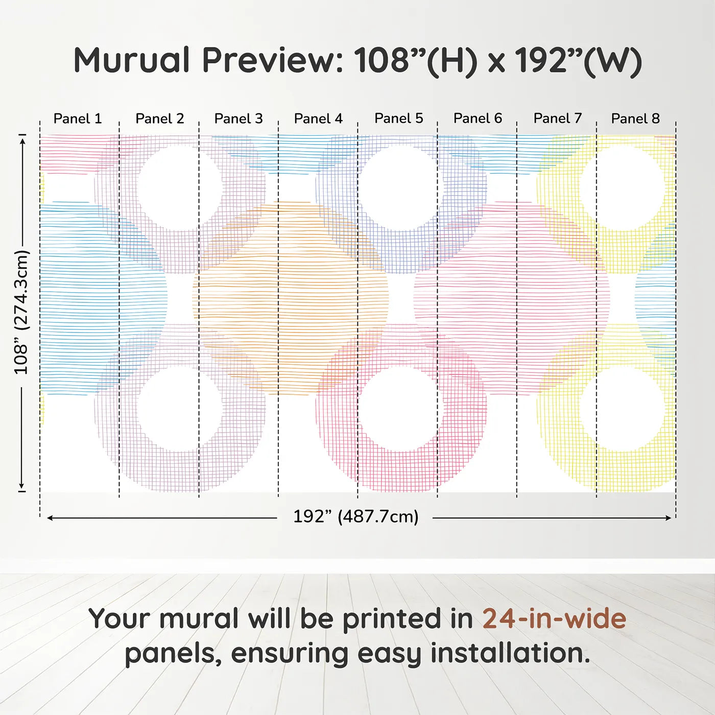 Whimsy Tots Rainbow Scribble Circles Wall Muraldimension view (108" H x 192" W). Printed in eight 24-inch-wide panels. Gender-Neutral