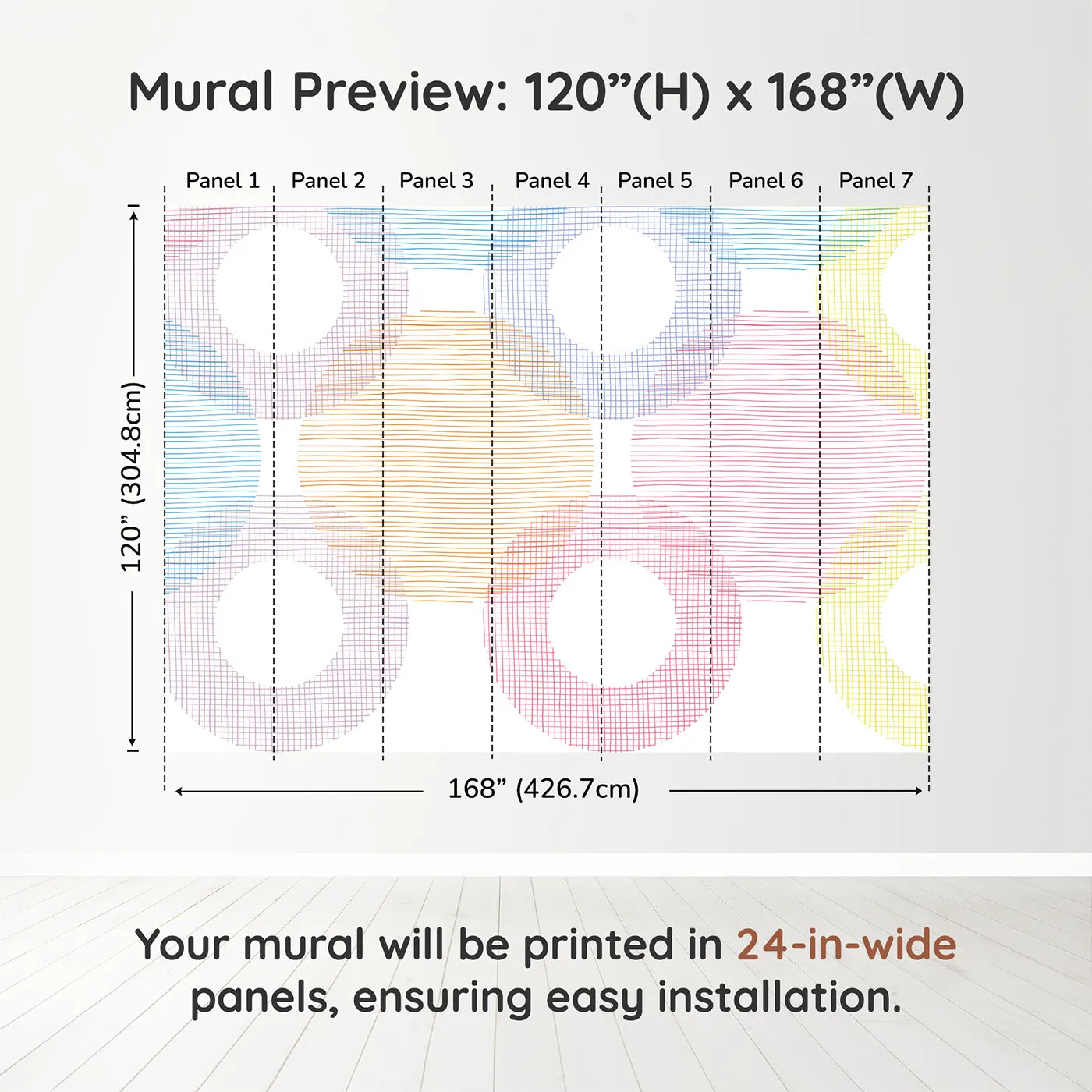 Whimsy Tots Rainbow Scribble Circles Wall Muraldimension view (120" H x 168" W). Printed in seven 24-inch-wide panels. Gender-Neutral