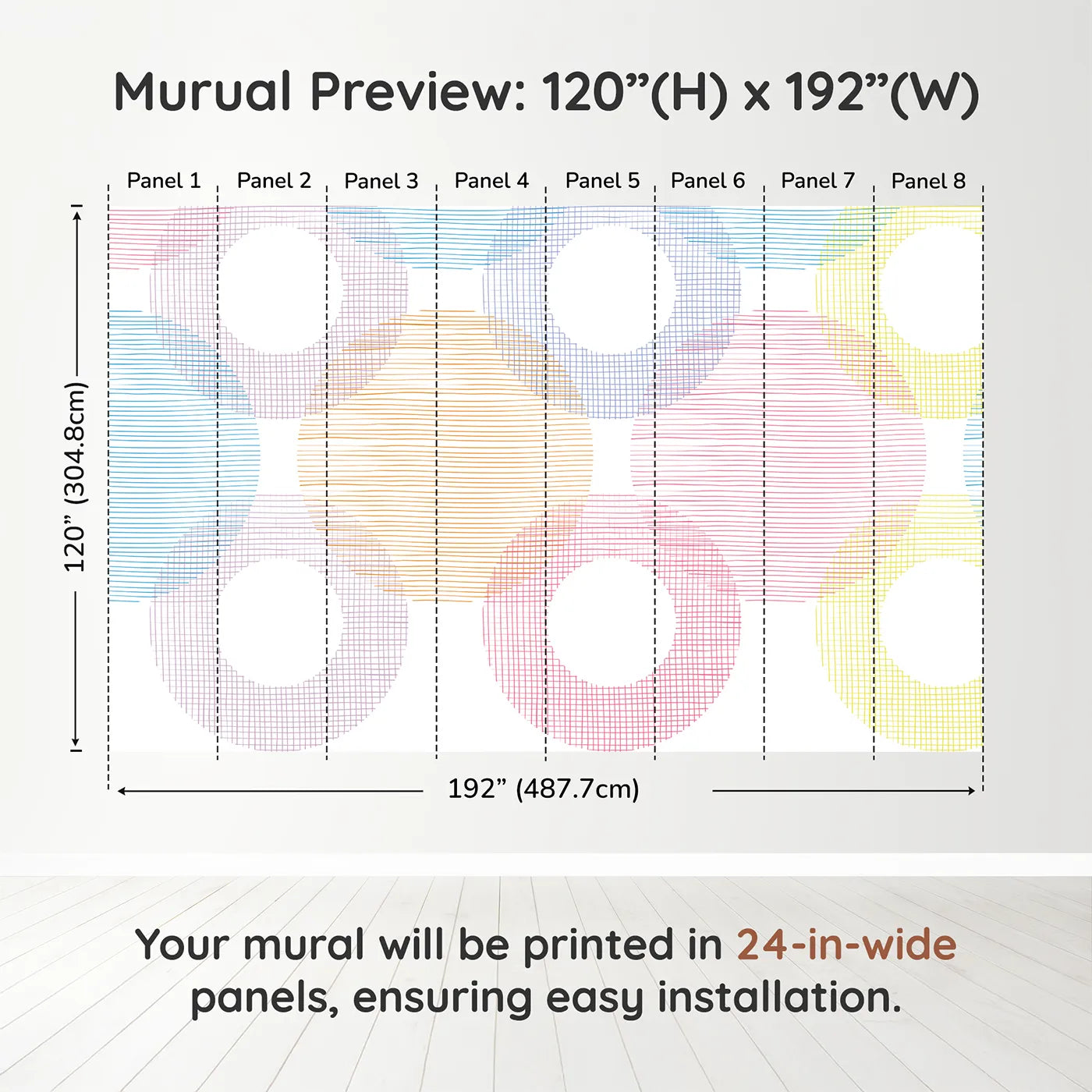 Whimsy Tots Rainbow Scribble Circles Wall Muraldimension view (120" H x 192" W). Printed in eight 24-inch-wide panels. Gender-Neutral