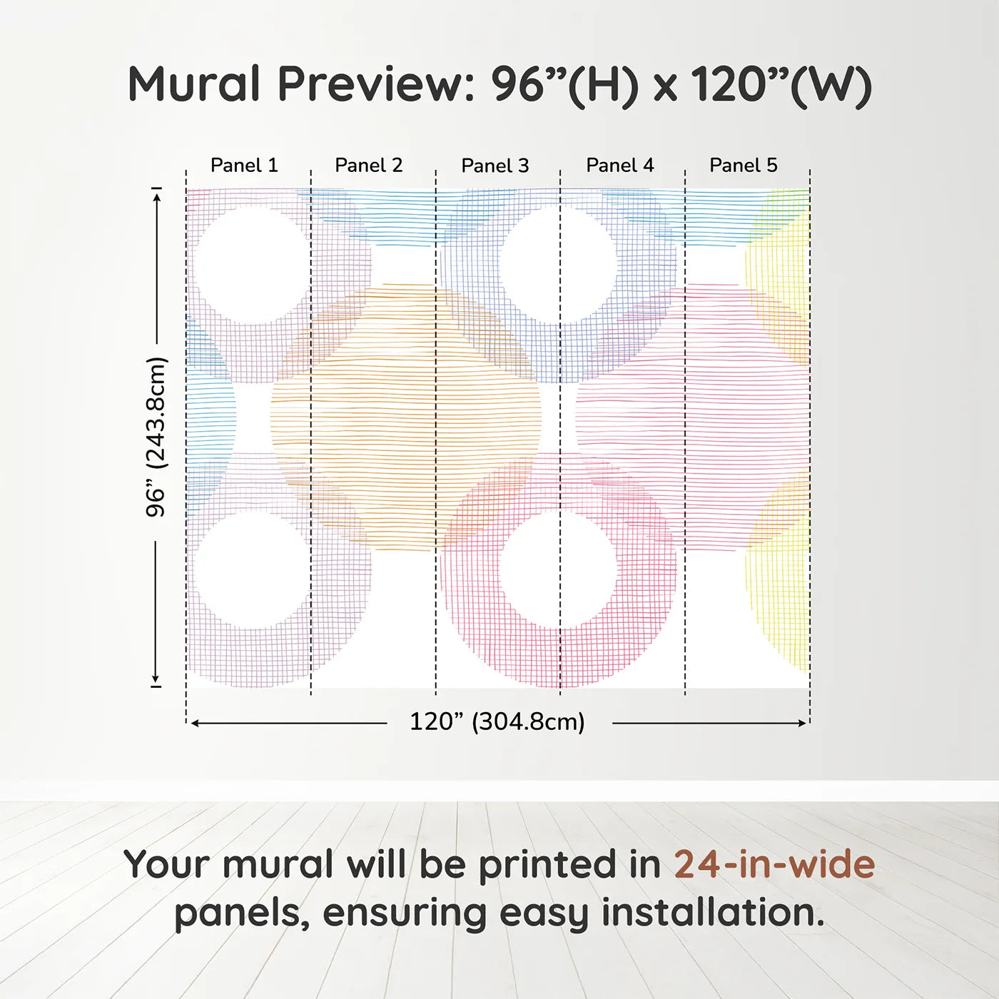 Whimsy Tots Rainbow Scribble Circles Wall Muraldimension view (96" H x 120" W). Printed in five 24-inch-wide panels. Gender-Neutral