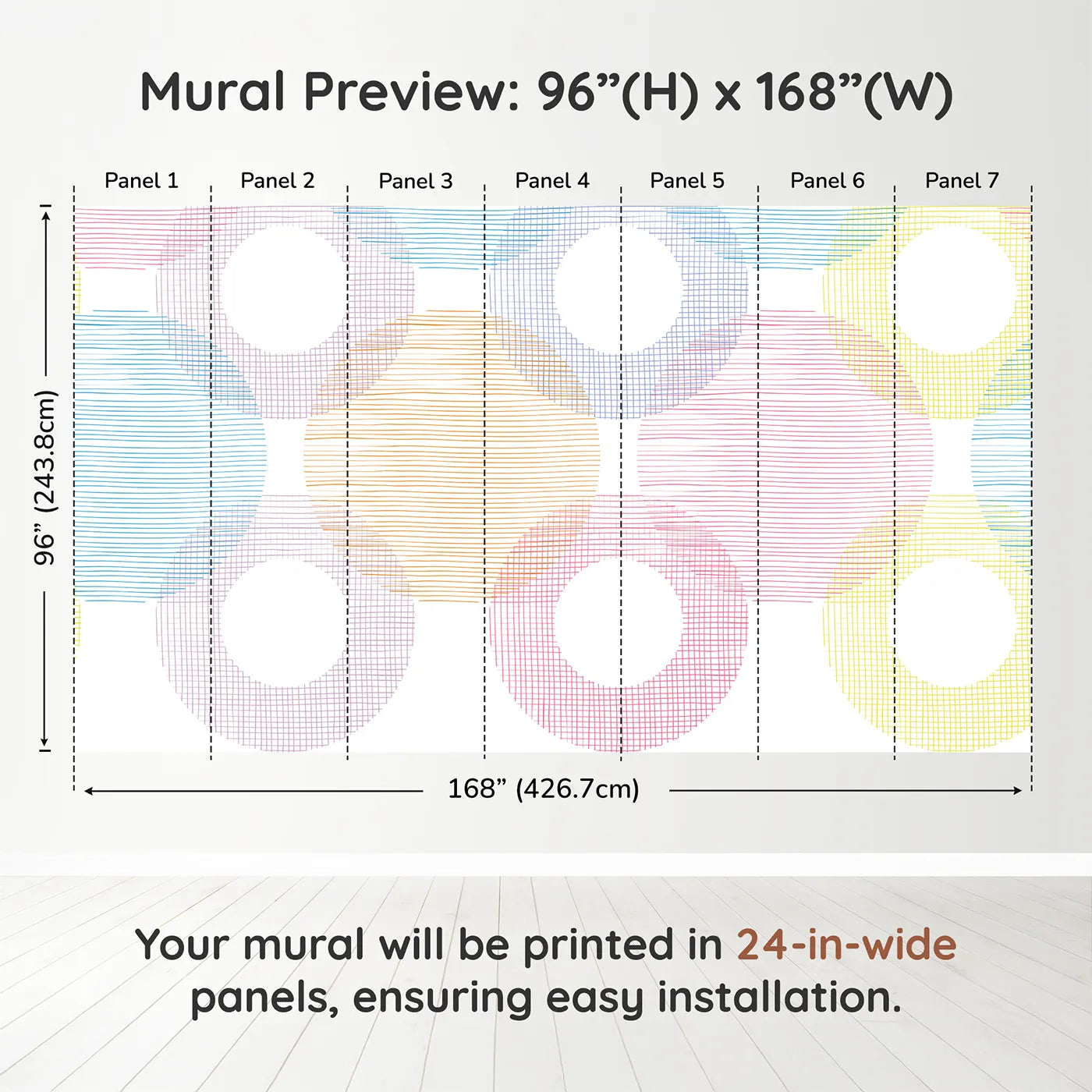 Whimsy Tots Rainbow Scribble Circles Wall Muraldimension view (96" H x 168" W). Printed in seven 24-inch-wide panels. Gender-Neutral