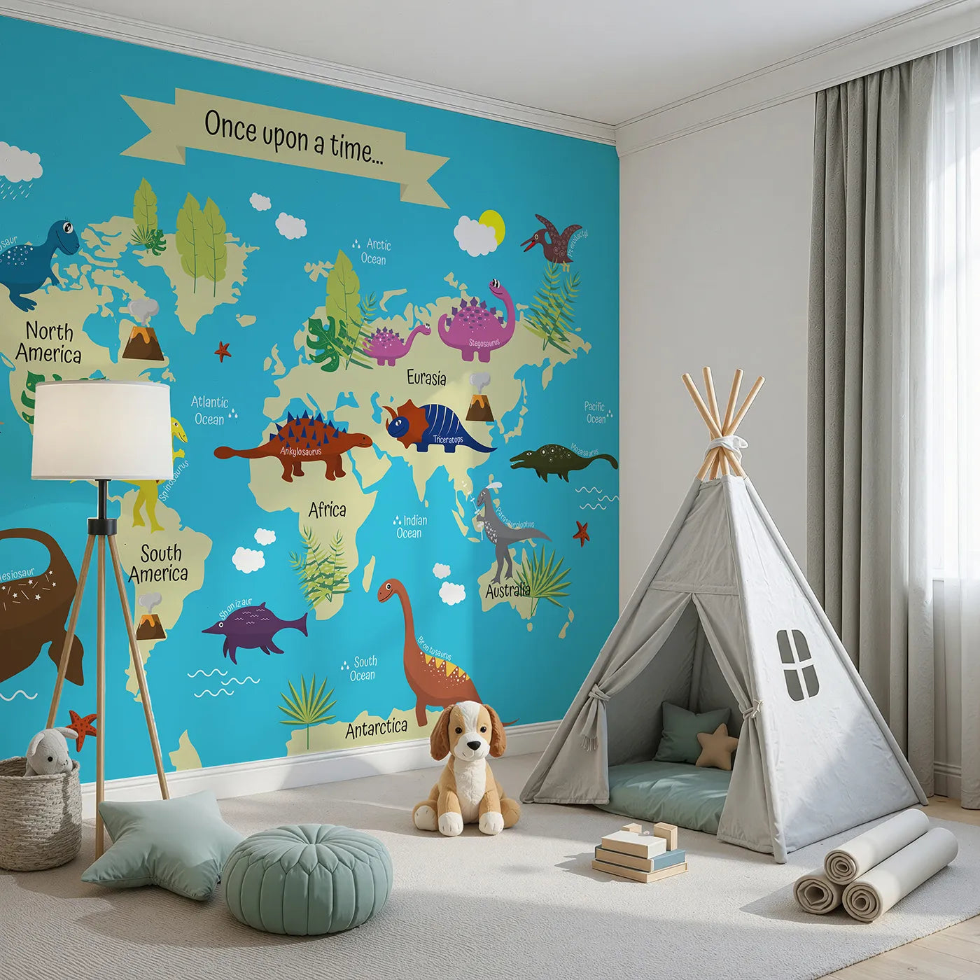 Angled view of Whimsy Tots' Dinosaur World Map Wall Mural (Turn Their Room into a Prehistoric Adventure Across the Globe).Gender-Neutral