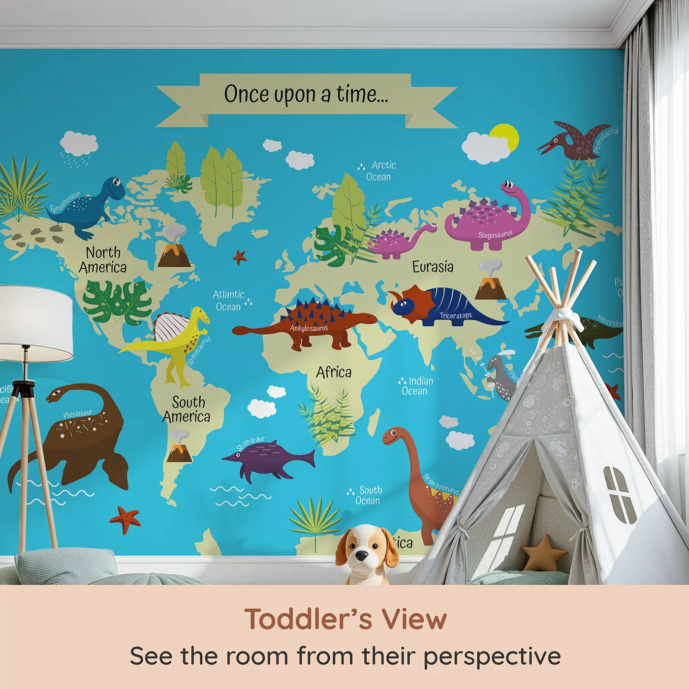 Whimsy Tots Dinosaur World Map Wall Mural (Turn Their Room into a Prehistoric Adventure Across the Globe) from your child's view.Gender-Neutral