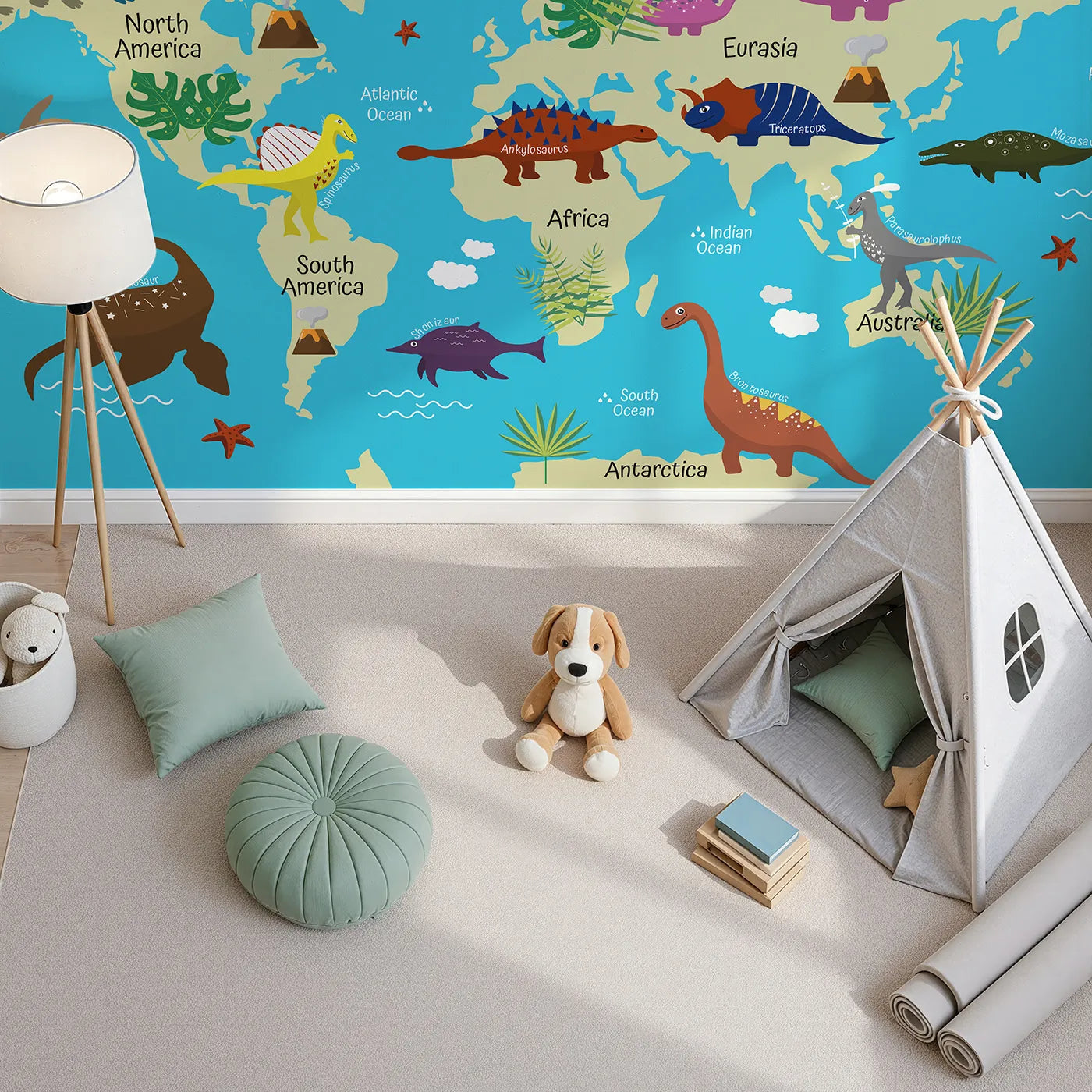 Top-down view of Whimsy Tots' Dinosaur World Map Wall Mural (Turn Their Room into a Prehistoric Adventure Across the Globe).Gender-Neutral