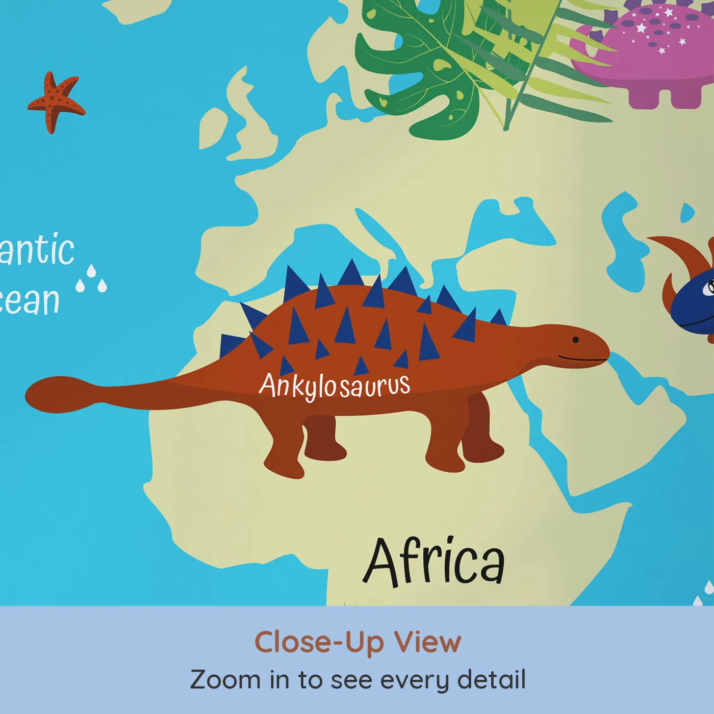 Close-up view of Whimsy Tots' Dinosaur World Map Wall Mural (Turn Their Room into a Prehistoric Adventure Across the Globe).Gender-Neutral