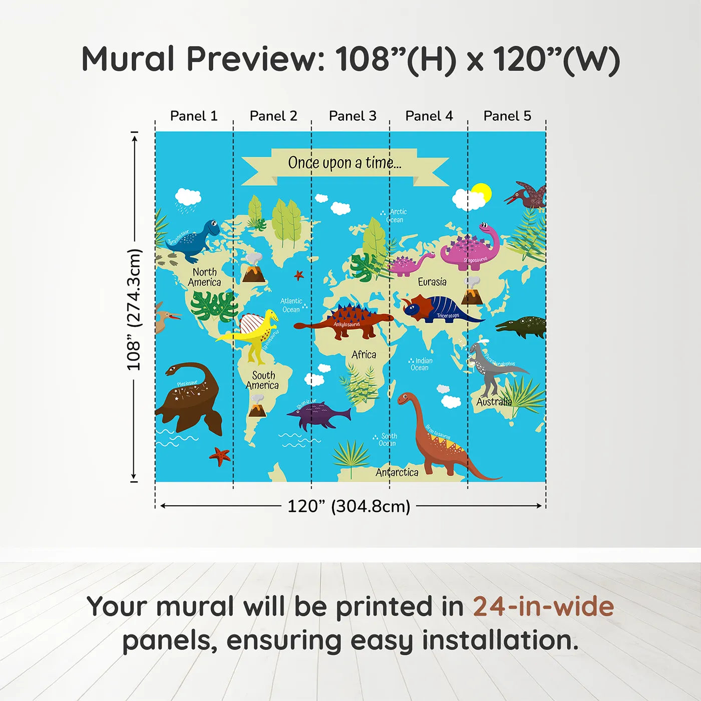 Whimsy Tots Dinosaur World Map Wall Muraldimension view (108" H x 120" W). Printed in five 24-inch-wide panels. Gender-Neutral