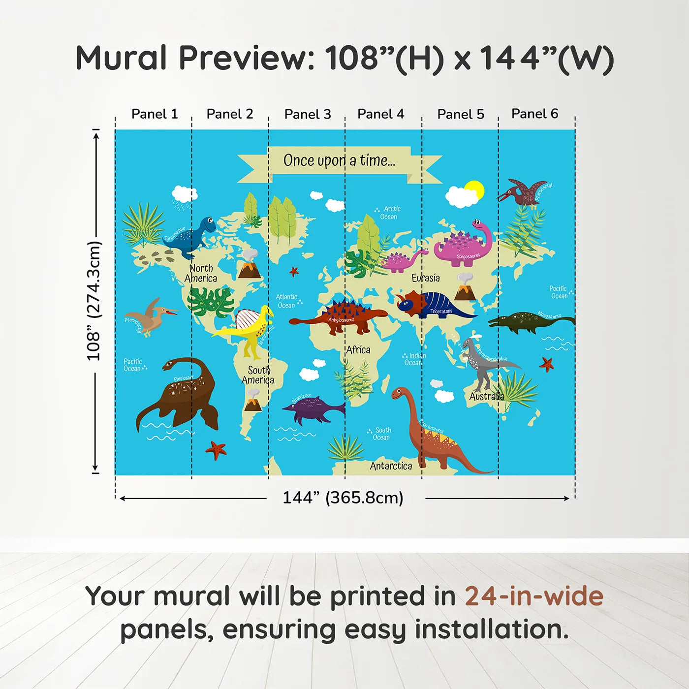 Whimsy Tots Dinosaur World Map Wall Muraldimension view (108" H x 144" W). Printed in six 24-inch-wide panels. Gender-Neutral