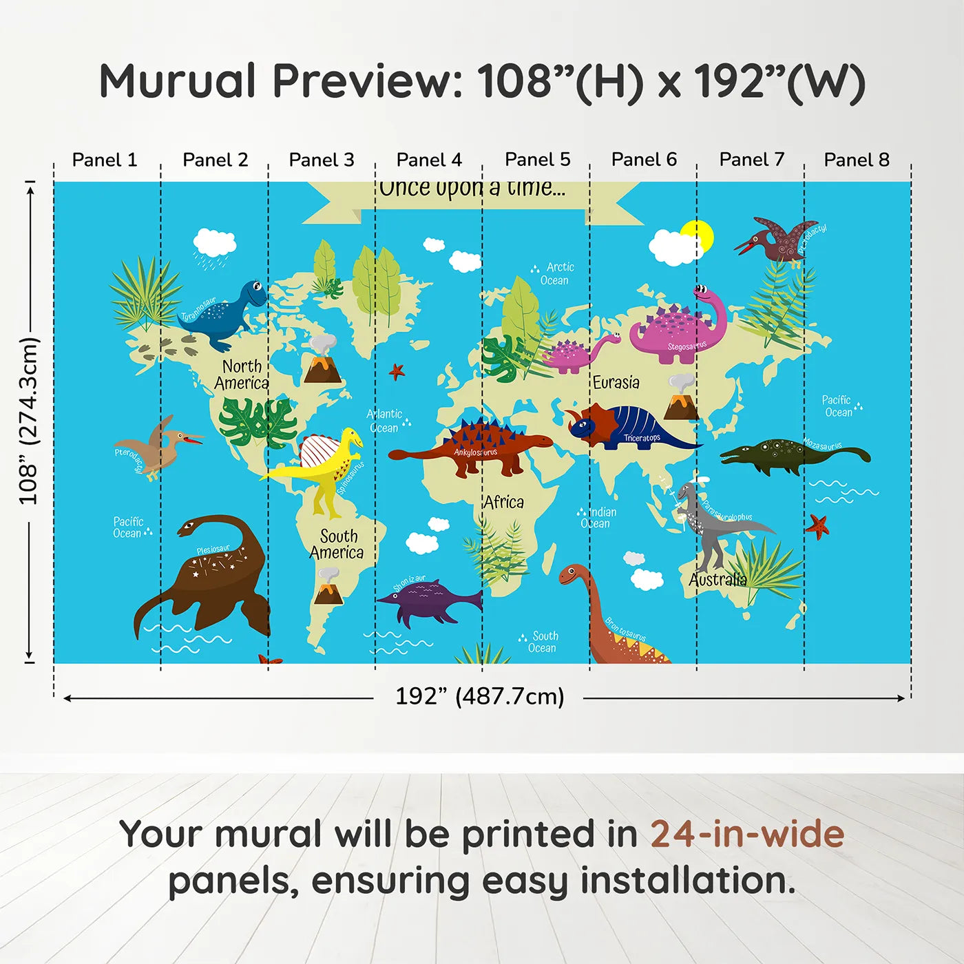 Whimsy Tots Dinosaur World Map Wall Muraldimension view (108" H x 192" W). Printed in eight 24-inch-wide panels. Gender-Neutral
